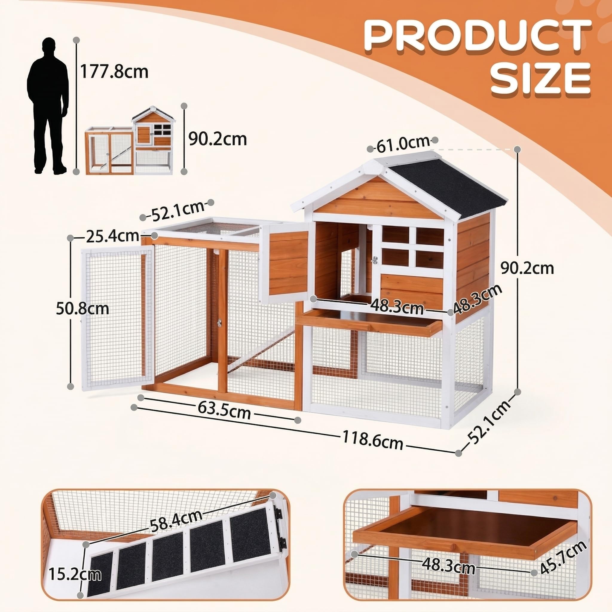 LEADZM Kaninchenstall，hasenstall draußen Winterfest，Hühnerstall aus Holz，Kleintiergehege & Käfige für draußen，Orange (123 x 63 x 90 cm)