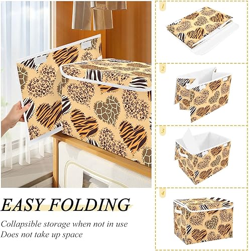 Miniatura 4 de DOMIKING Cesta de almacenamiento de corazones de leopardo con impresión decorativa para organizadores de juguetes, cajas de almacenamiento plegables