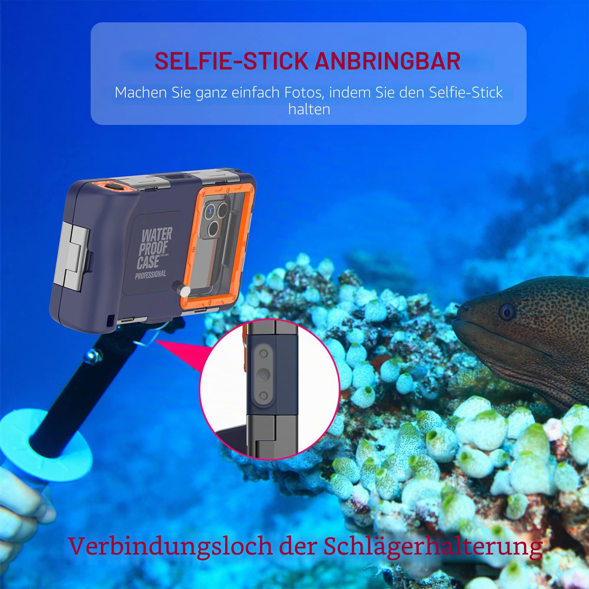 Shellbox Case 2. Generation [15 m/50 ft] Tauch-Schnorchel-Hülle für alle Samsung-iPhone-Serien, IP68-zertifiziert, wasserdichte Handyhülle, Foto-Video, Schwimmen, Schnorcheln (blau-orange)