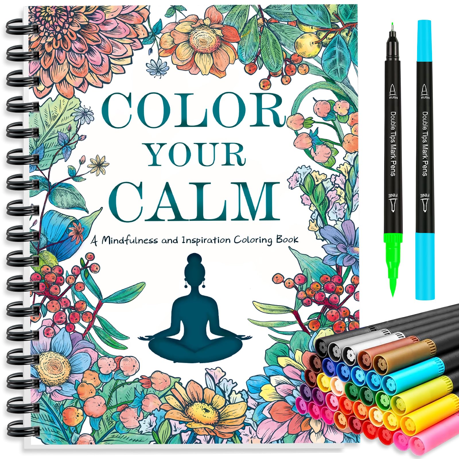 Jekohor Malbuch für Erwachsene und Marker Set, Spiral gebundene Färbung Buch für Erwachsene Entspannung mit 36 Farben Marker