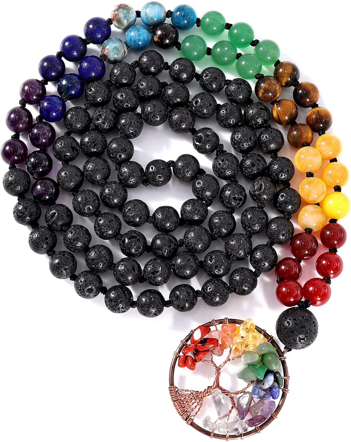 Bivei 108 Mala Beads Necklace Life Tree 7 Chakra Wrap Bracelet Real Healing Gemstone Yoga Meditation Hand Knotted Mala Prayer Bead Necklace