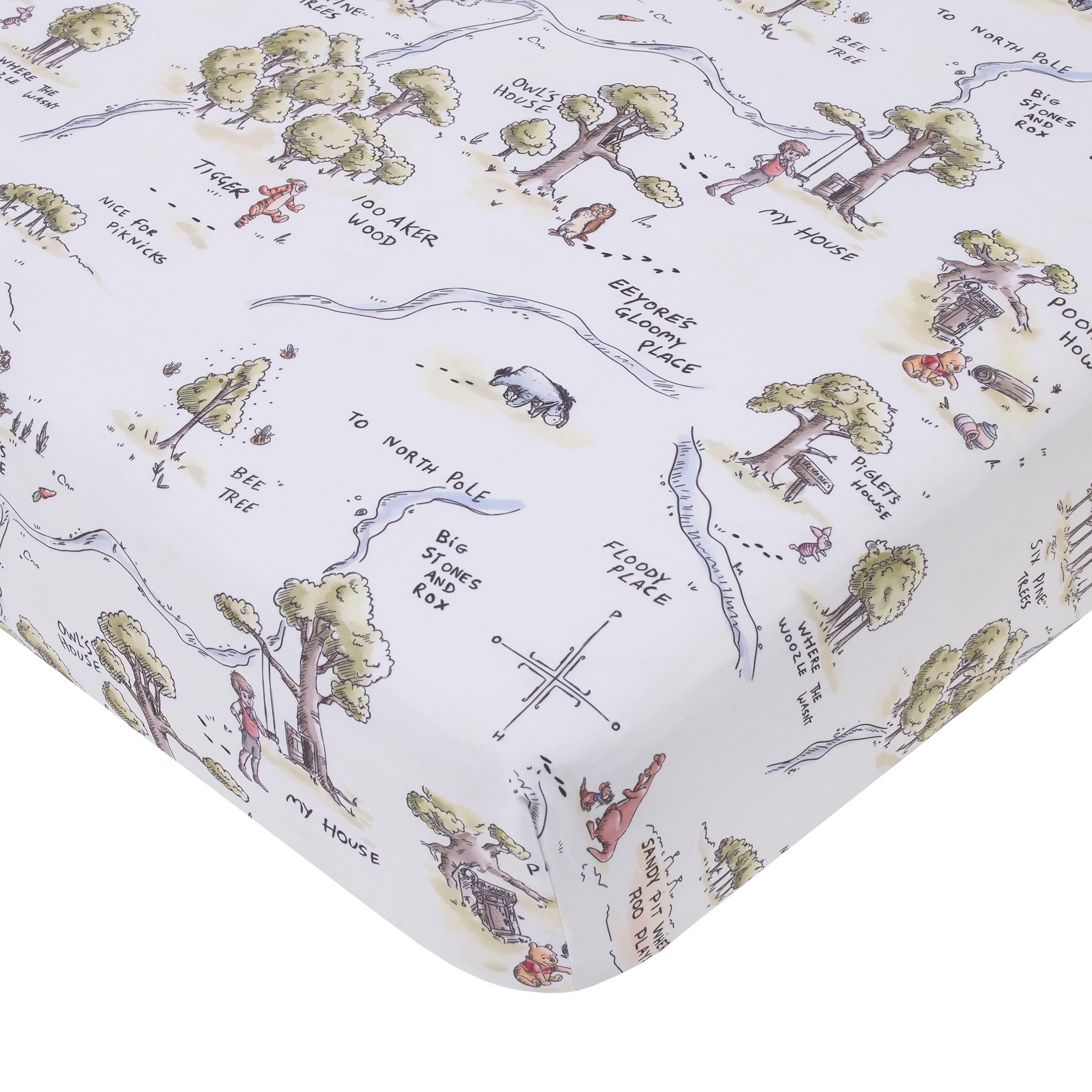 Disney Classic Winnie The Pooh Sage, Tan, and White, Map of 100 Acre Woods Super Soft Nursery Fitted Crib Sheet