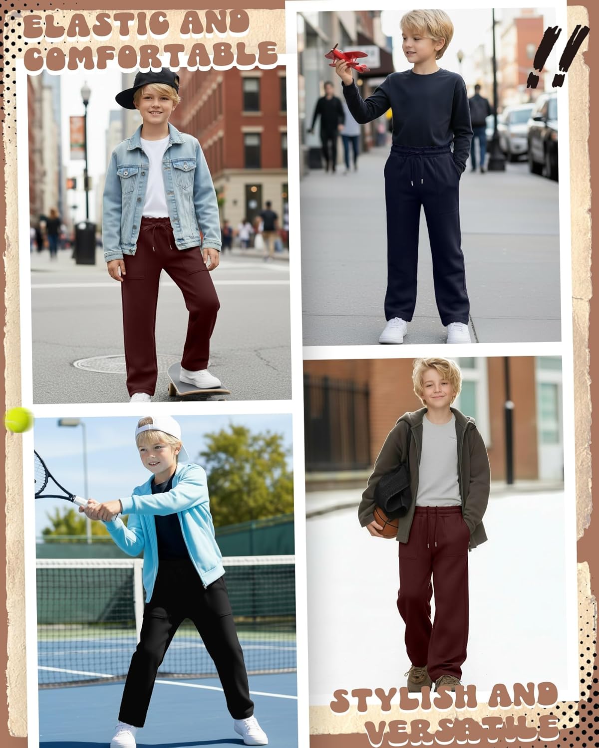 3 Pack Boys' Sweatpants Straight Leg Athletic Open Bottom Kid Pants Teens Elastic Waist Baggy Joggers with Pockets - Image 3