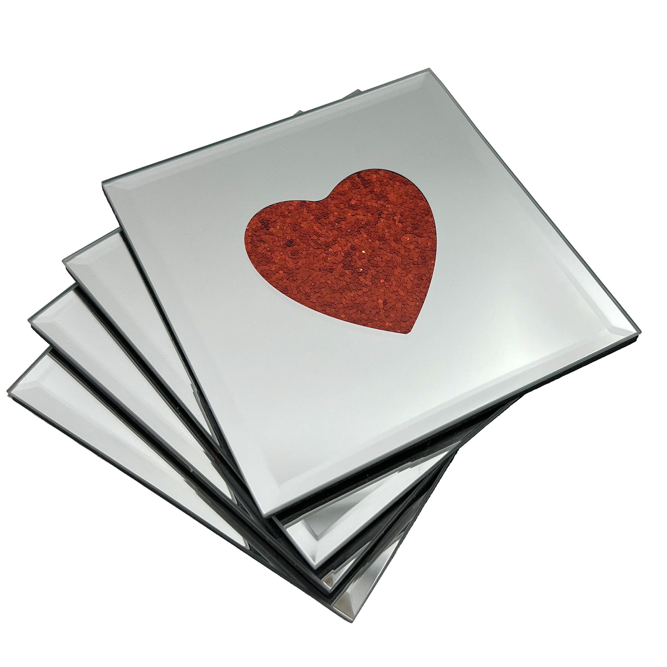 Angraves Red Lustre Love Heart Sparkle Glitter Mirro Glass Coaster Set Of 4