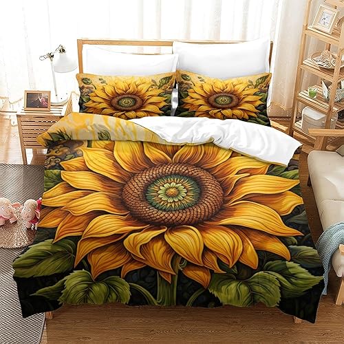 Miniatura 2 de GYORI Juego de edredón de 3 piezas de girasol, edredón de microfibra con 2 fundas de almohada, suave, ligero, hermoso girasol, vintage, juego de
