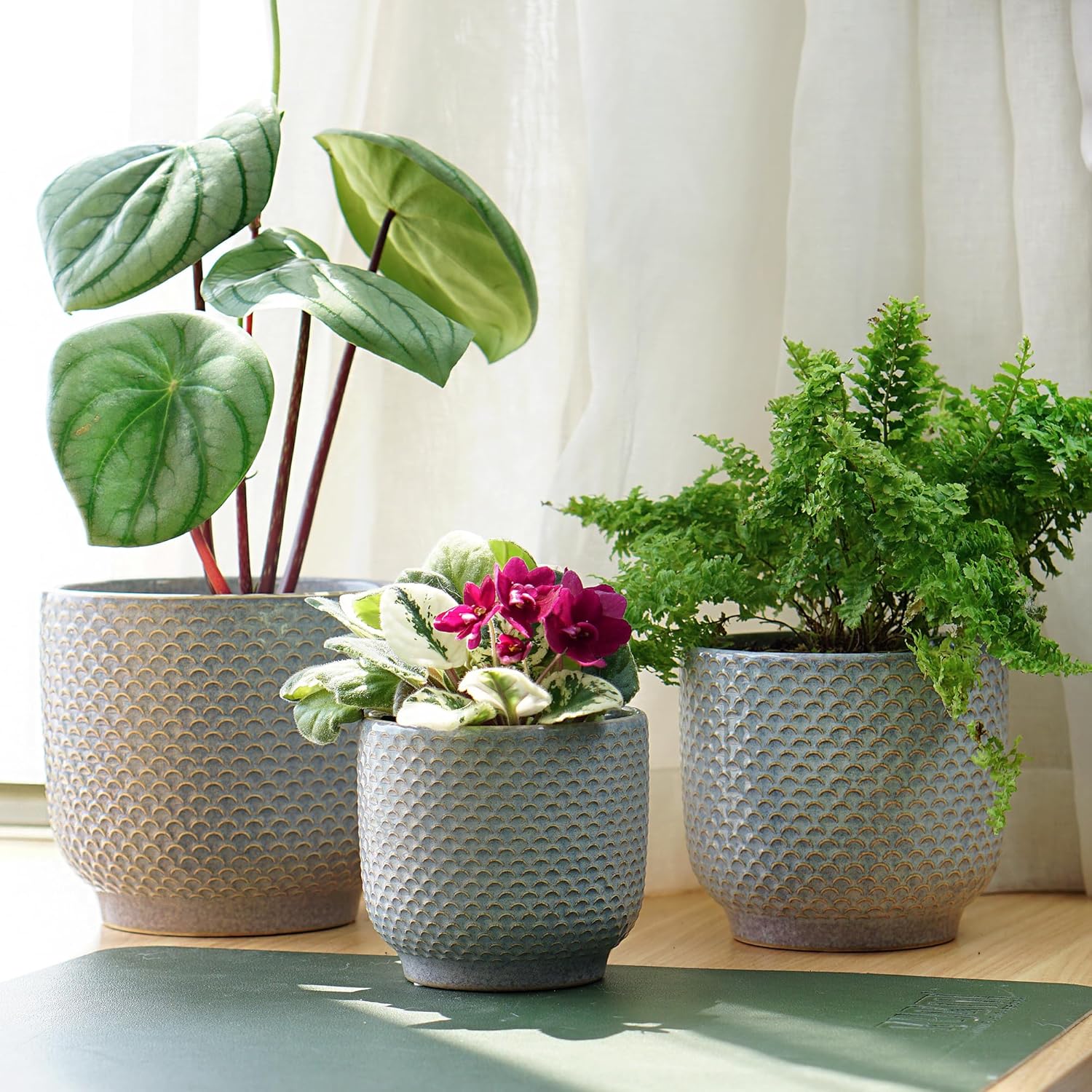 4 + 5 + 6 Inch Ceramic Pots for Indoor Plants, Succulents Plant Pots, Orchid Flower Pot with Drainage Hole, Modern Clay Stoneware Planters, Set of 3 (Reactive Glaze Grey Blue, 4 + 5 + 6 Inch）