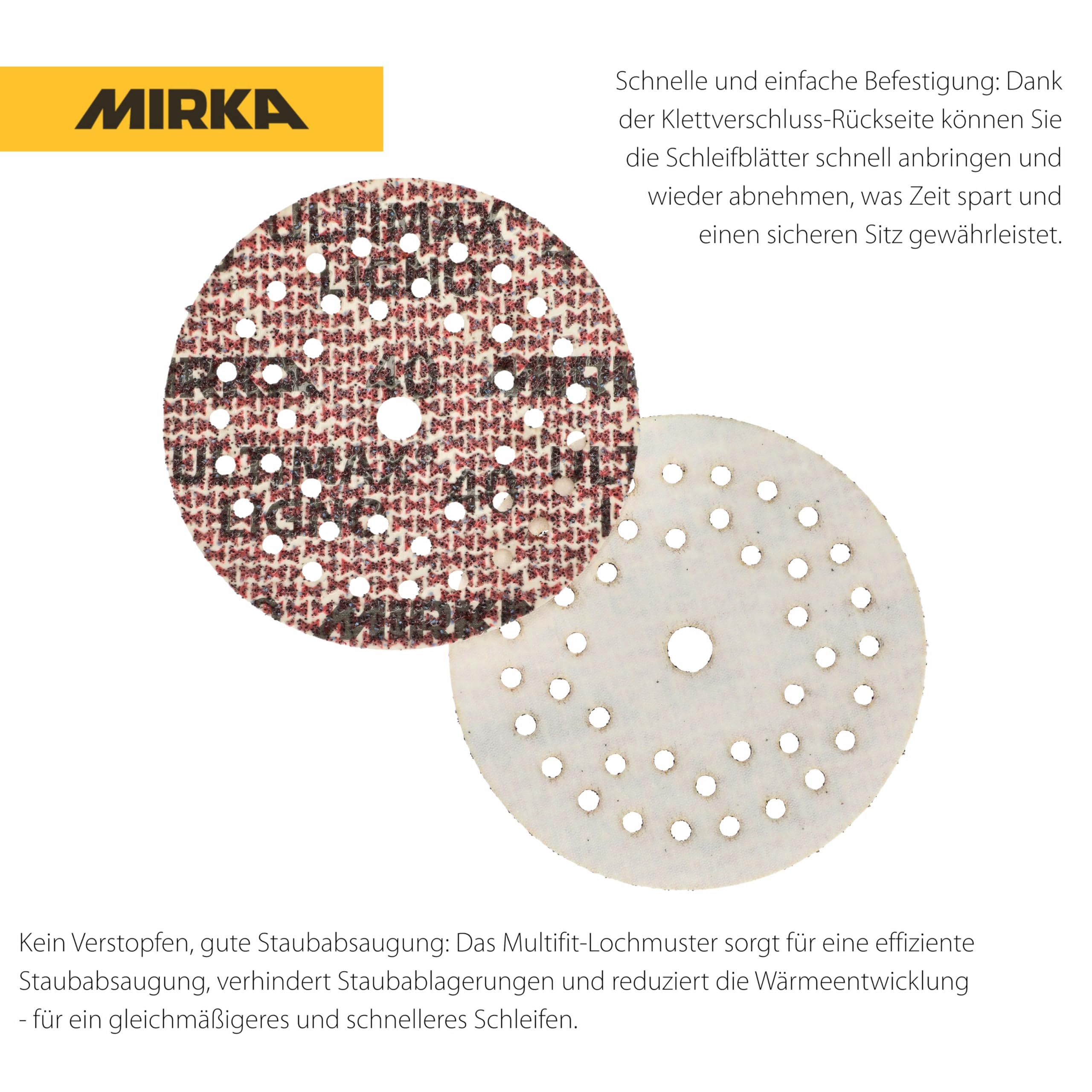 Mirka Schleifscheiben Ultimax Ligno Ø 150 mm Klett Multifit Korn 40 | Multi-Lochung für optimale Staubabsaugung ideal zum Schleifen von Holzoberflächen hohe Schleifleistung langlebig