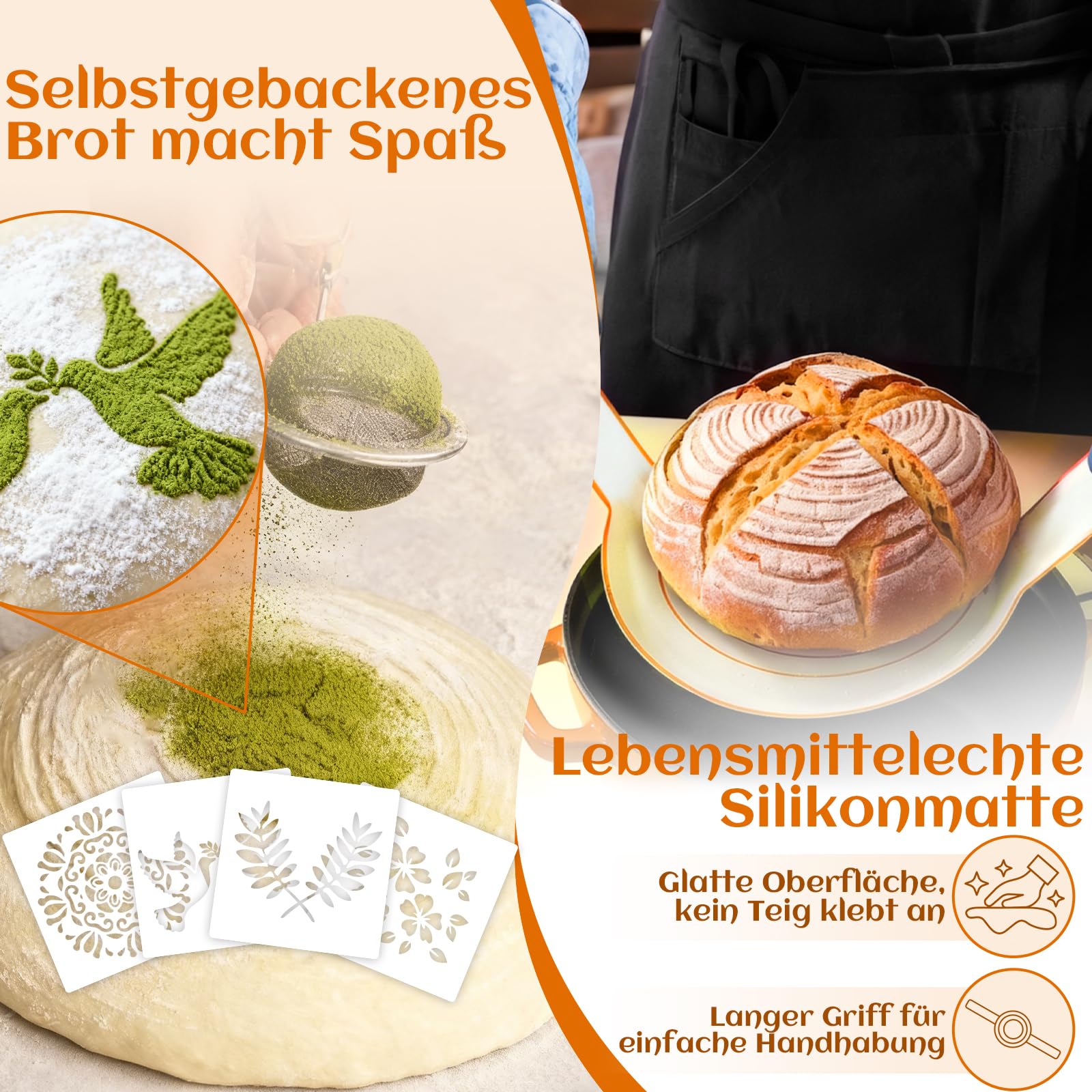 Gärkörbchen Für Sauerteig Starter Set, Gärkorb (23cm rund & 25cm oval),100% natürlichem Rattan, inkl. Teigschaber, Leineneinsatz, Teigrührer & mehr | Professionelles Brotbackzubehör (Orange)