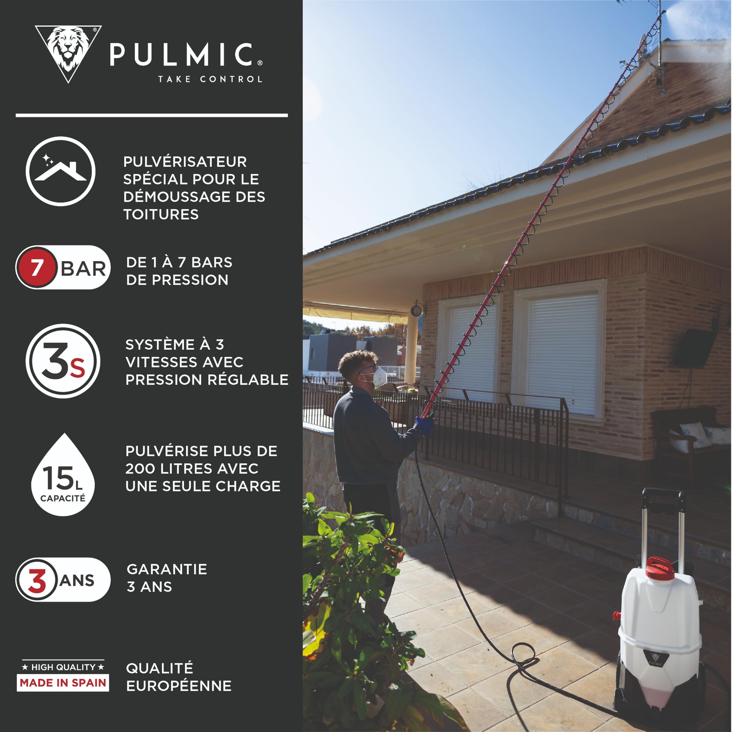 PULMIC TAKE CONTROL Pulvérisateur électrique industriel 35 l'application de désinfectants et de dégraissants. 35L. 7 Bar. jusqu'à 3hrs d'autonomie,2 batteries au lithium amovible,Accessoires inclus