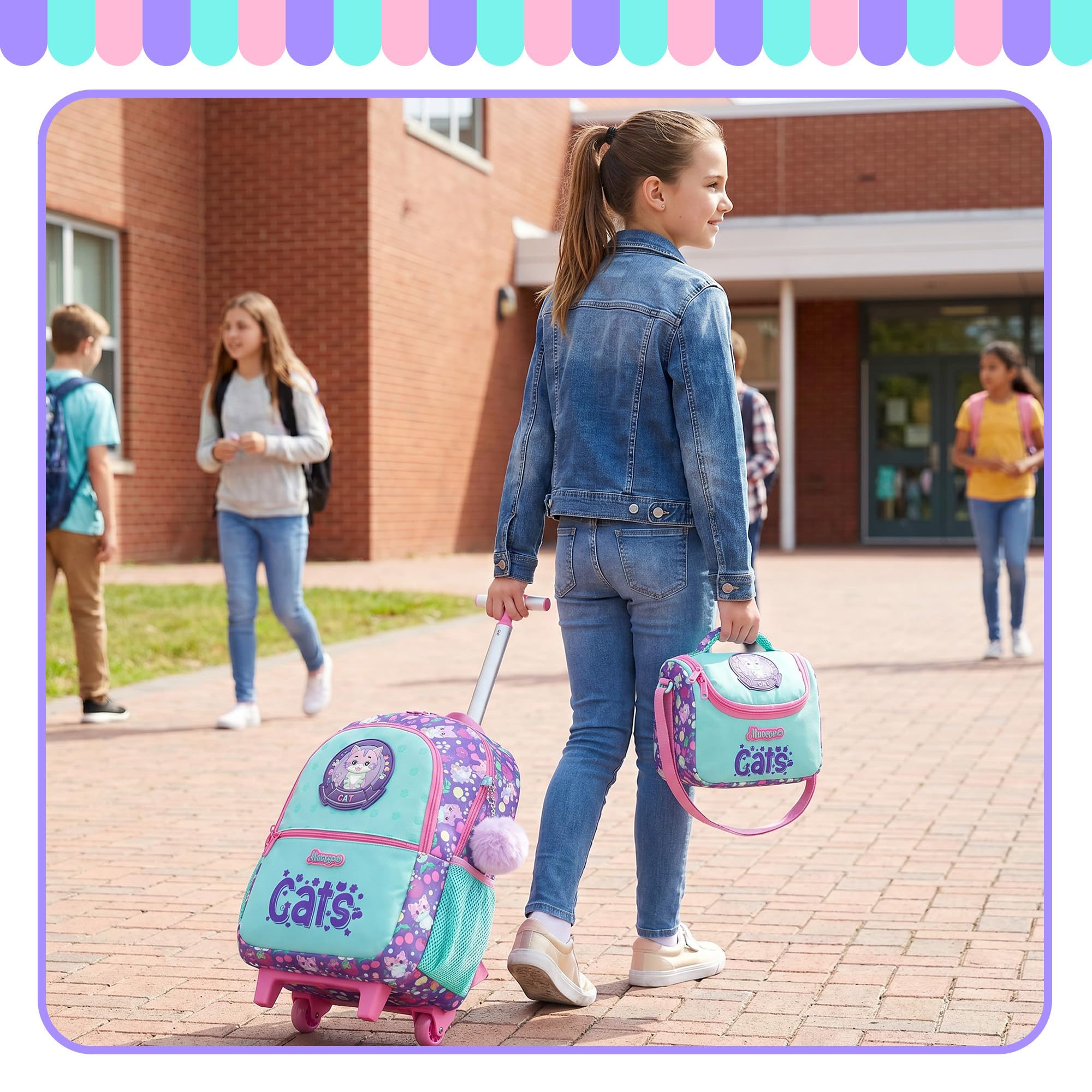 HTgroce Sac à Dos à Roulettes Fille Primaire Chat– Cartable a Roulette Fille – Idéal pour CP CE1 CE2 CM1 CM2