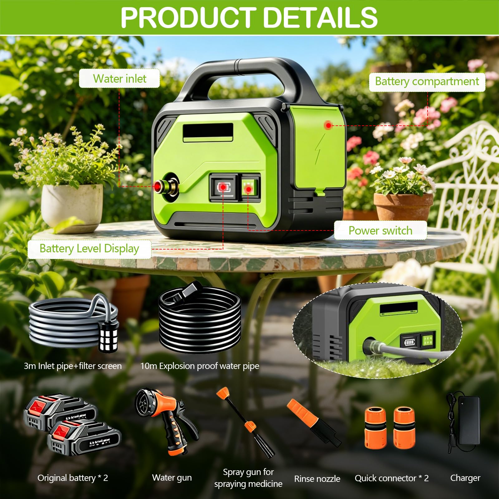Pompa da Giardino Autoadescante a Batteria, 4,5 Bar, Pompa Acqua Portatile con 2 Batterie, Tubo di Mandata 10 m e Aspirazione 3 m, 3 Ugelli Spray, per Laghetto, Giardino, Acquario e Campeggio