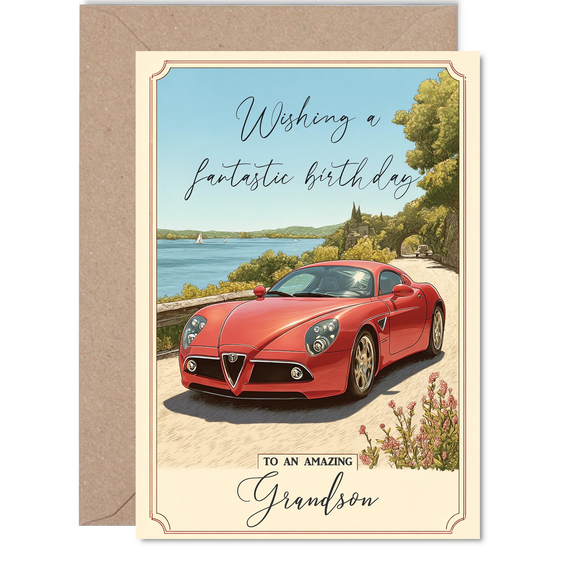 Grandson Birthday Card - Red Sports Car - Happy Birthday Card for Grandson from Grandad Nanny, 5x7 Inch Countryside Landscape Bday Greeting Cards