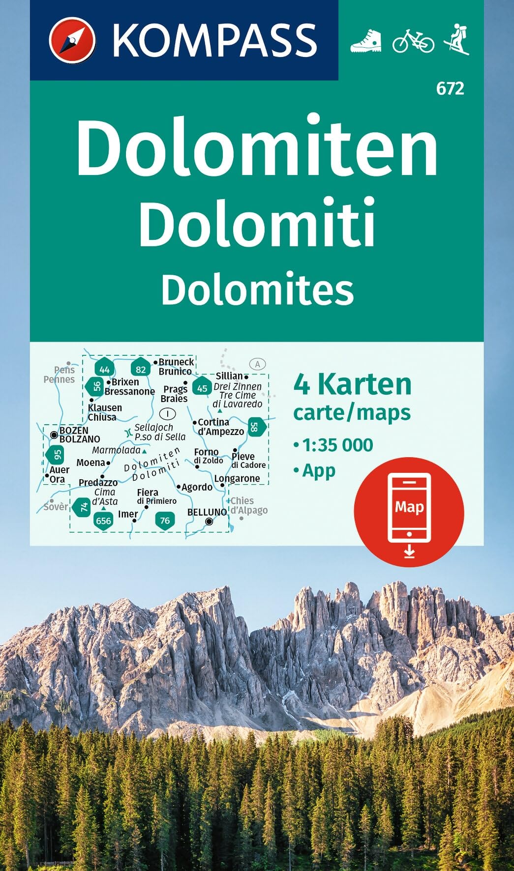 Italy Dolomites Alps Kompass 672 4 map set: walking hiking cycling skiing 1:35K