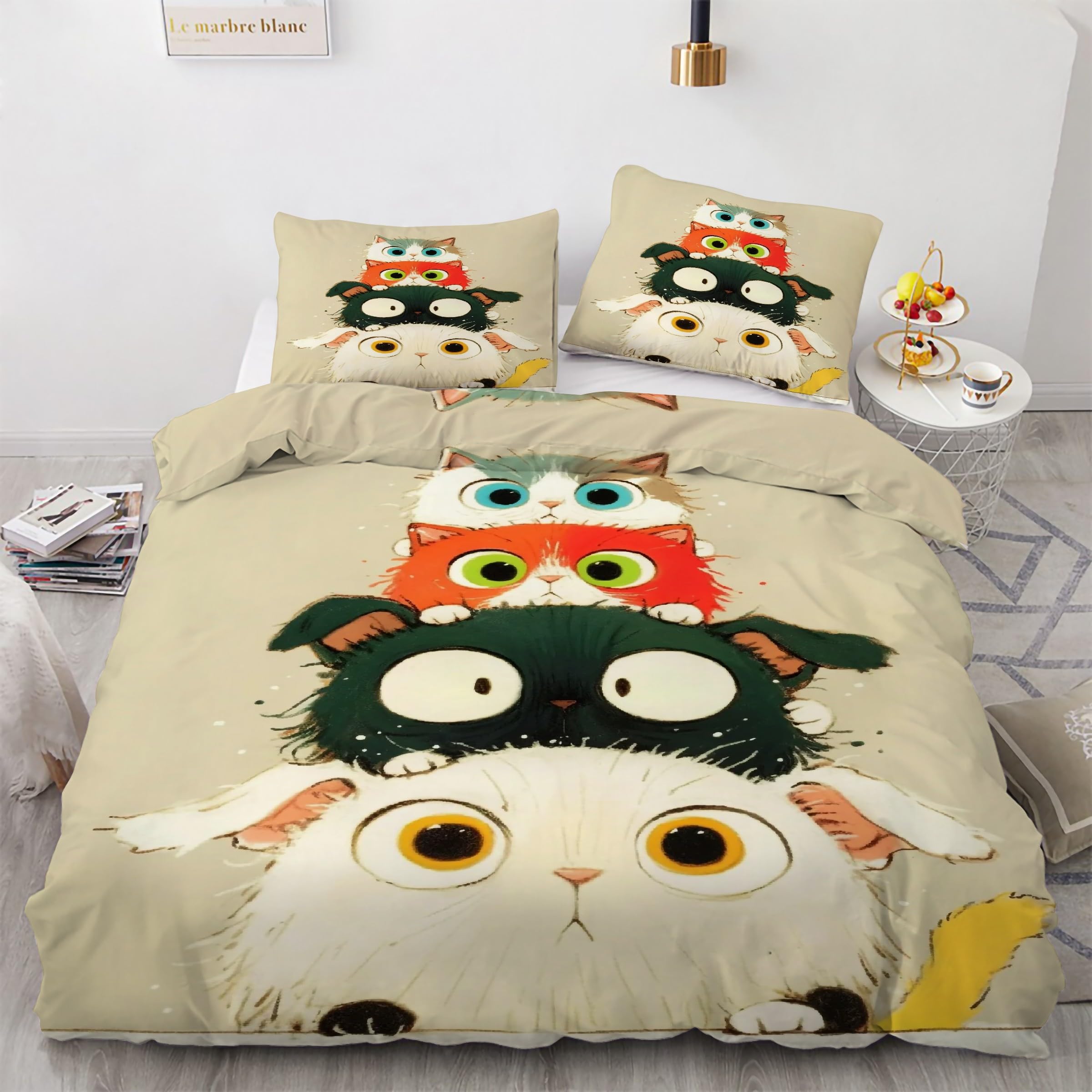 Housse de couette chat 90x190 et ses deux taies d'oreiller avec fermeture