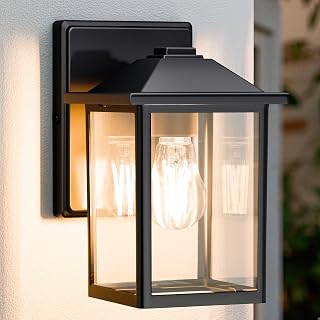MATAMEYE Black Outdoor Wall Lantern - Waterproof Anti-Rust Porch Sconce with Clear Toughened Glass, E26 Socket