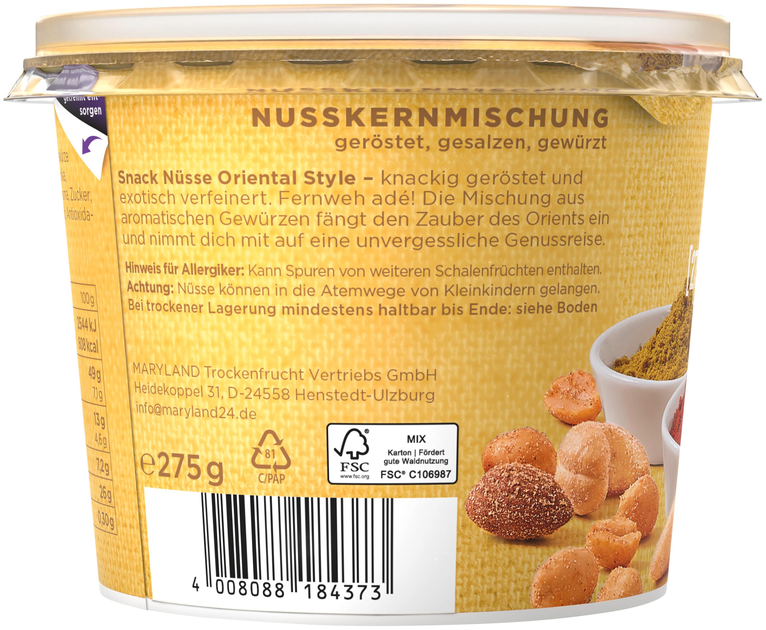 Maryland Snack Nüsse Oriental Style 275g Becher Vorratspack - Erdnüsse, Cashewkerne und Mandeln in Nussmischung - Orientalisch gewürzt - wiederverschließbarer Becher (6 x 275 g)