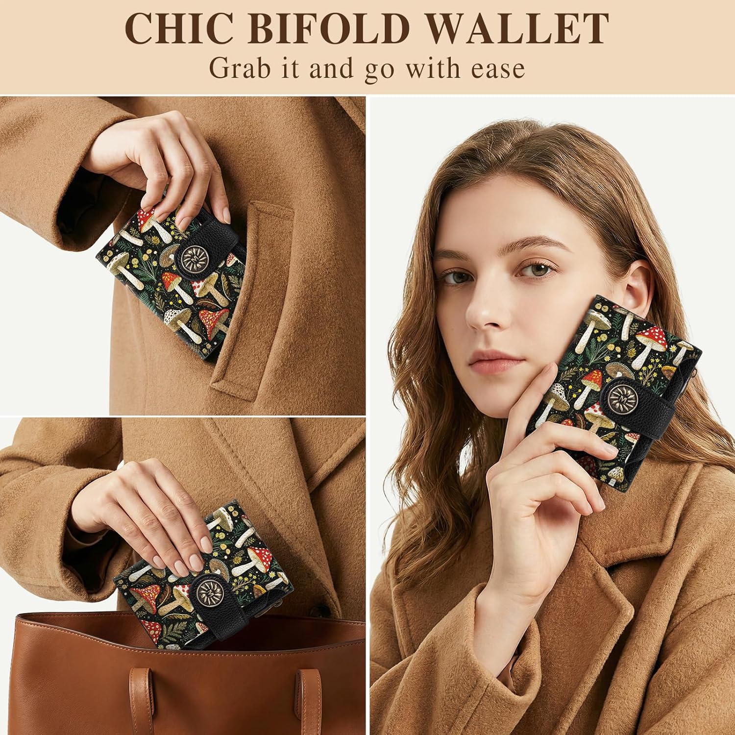 Mayski Mushroom Forest Small RFID Wallet Women, PU Leather Bifold Zipper Coin Pocket Compact Cash Credit Card Holder Purse, Cute Travel Wallet for Female Ladies Teen Girls, 4 ID Window 14 Card Slots - Image 2