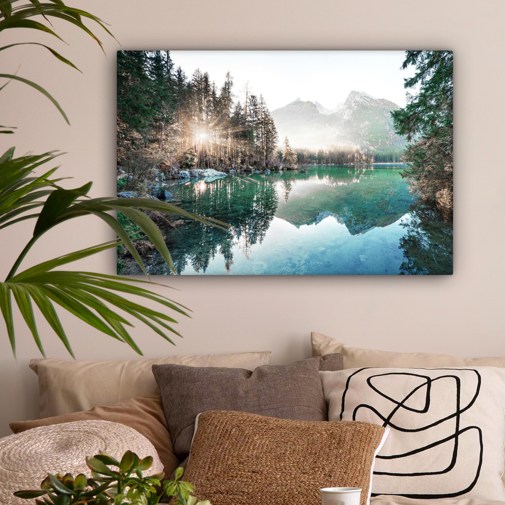 MuchoWow Bilder 90x60 cm Leinwand Kunstdruck Wandbild Natur Bäume Berge See Wohnzimmer Deko