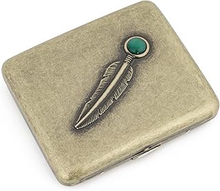 Retro Metal Cigarette Case Box Double Sided Spring Clip Open Pocket Holder for 20 King Size 84mm Cigarettes (Feather Antique Brass)