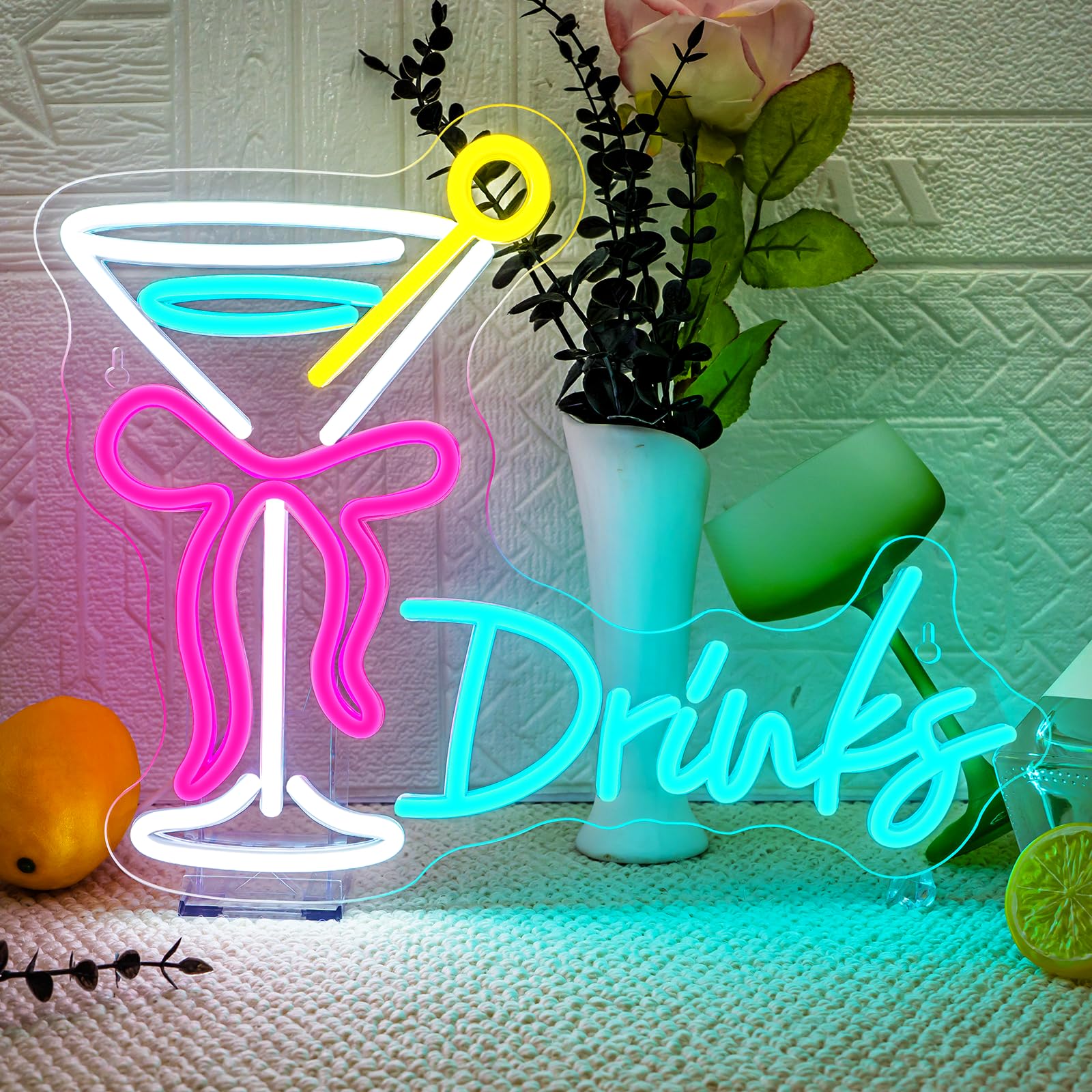 VYXIN Drinks Neon Schild Led Schild Getränke Led Schriftzug Cocktailglas mit Schleife Leuchtreklame Anwendbar für die Dekoration von Orten wie Bars,Cocktailbar,Kneipen,Party,Hausbar
