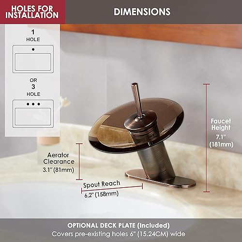 Miniatura 8 de RODDEX Grifo de baño cascada de latón macizo de vidrio de una sola manija de un solo agujero lavabo lavabo grifo de baño, corto, bronce aceitado