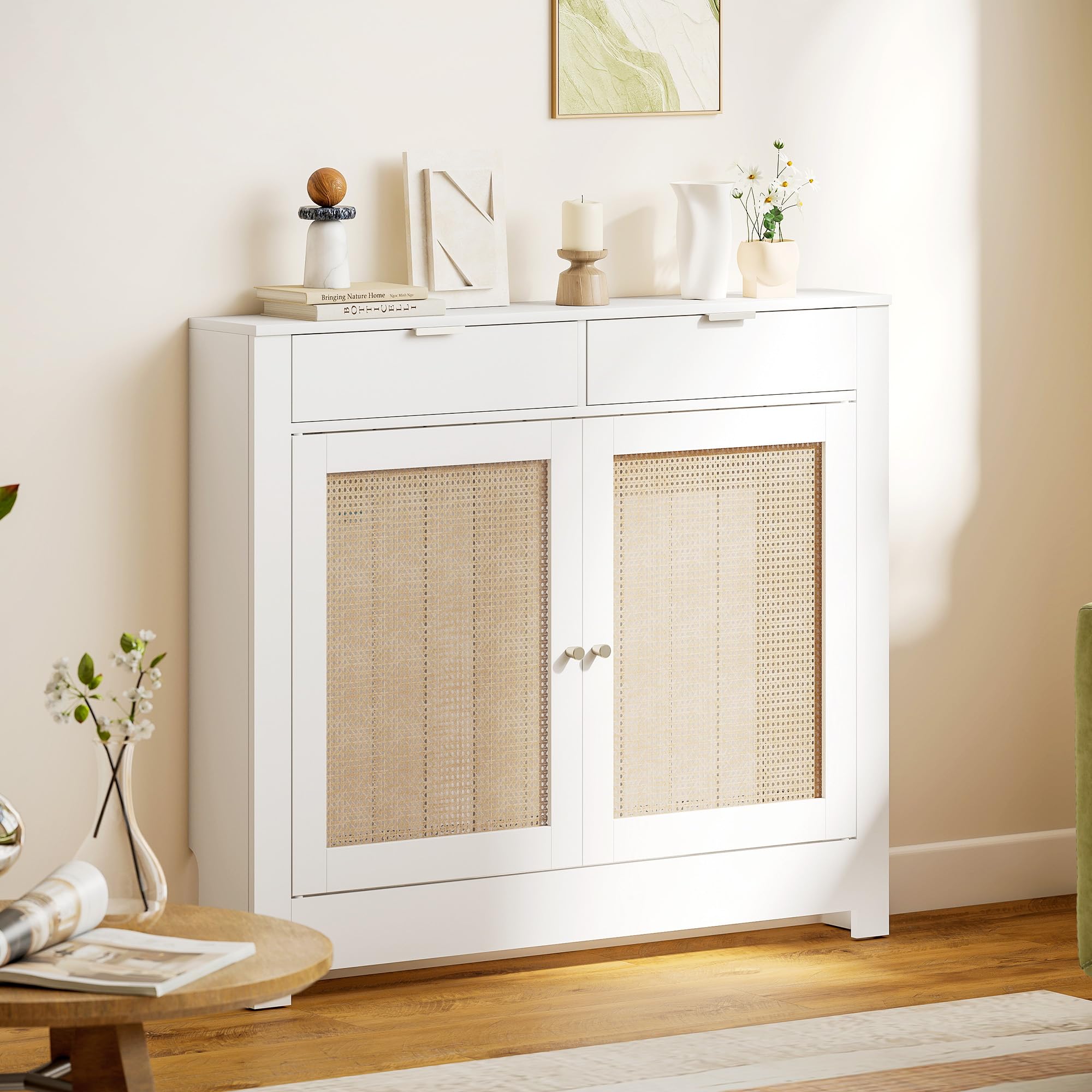 HOMCOM Cubre Radiadores con Puerta Abatible y Ratán 111x19x95,5 cm Blanco | Cubreradiador de MDF, Cubierta para Radiador, Compartimento, Diseño Bohemio, para Salón, Dormitorio