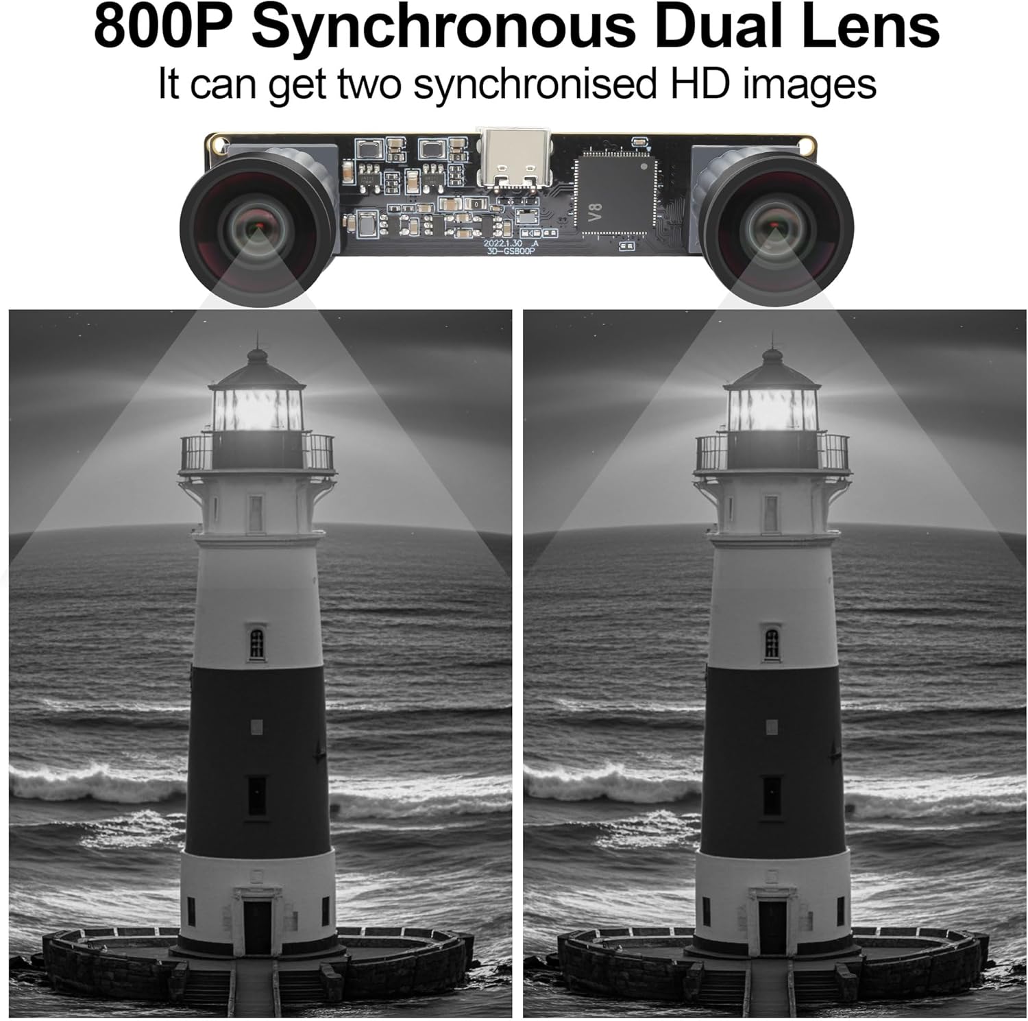 MMlove Monochrome USB Stereo Camera Module with Synchronous Dual Lens and Global Shutter,800P 120fps Wide Angle High Speed 3D Webcam, for VR Face Recognition,PC/Laptop/Raspberry Pi