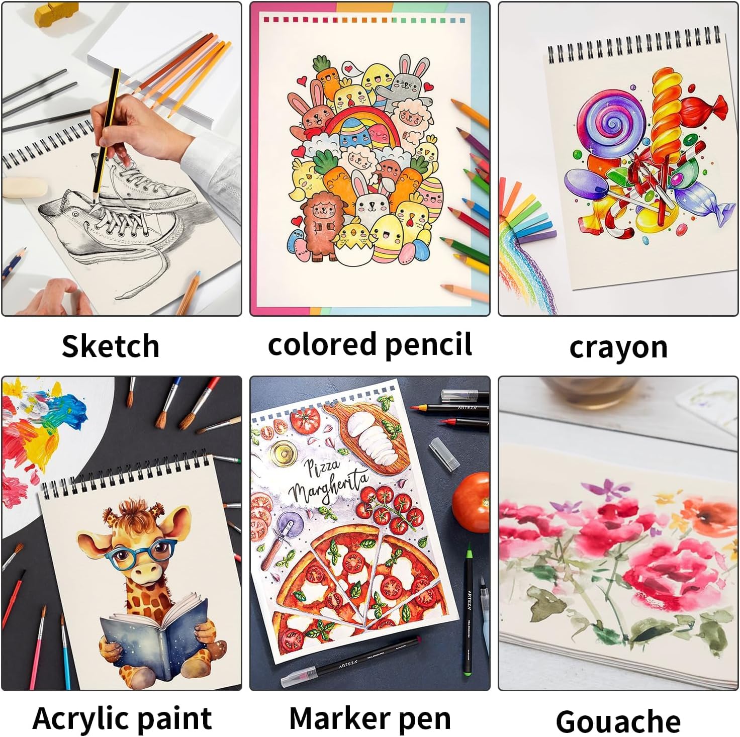 OSIMIG Confezione da 20 quaderni da disegno 14 x 21,6 cm, rilegatura a spirale superiore, mini album da disegno per bambini, 300 fogli di carta da disegno (30,8 kg/100 g/m²), blocco da disegno per