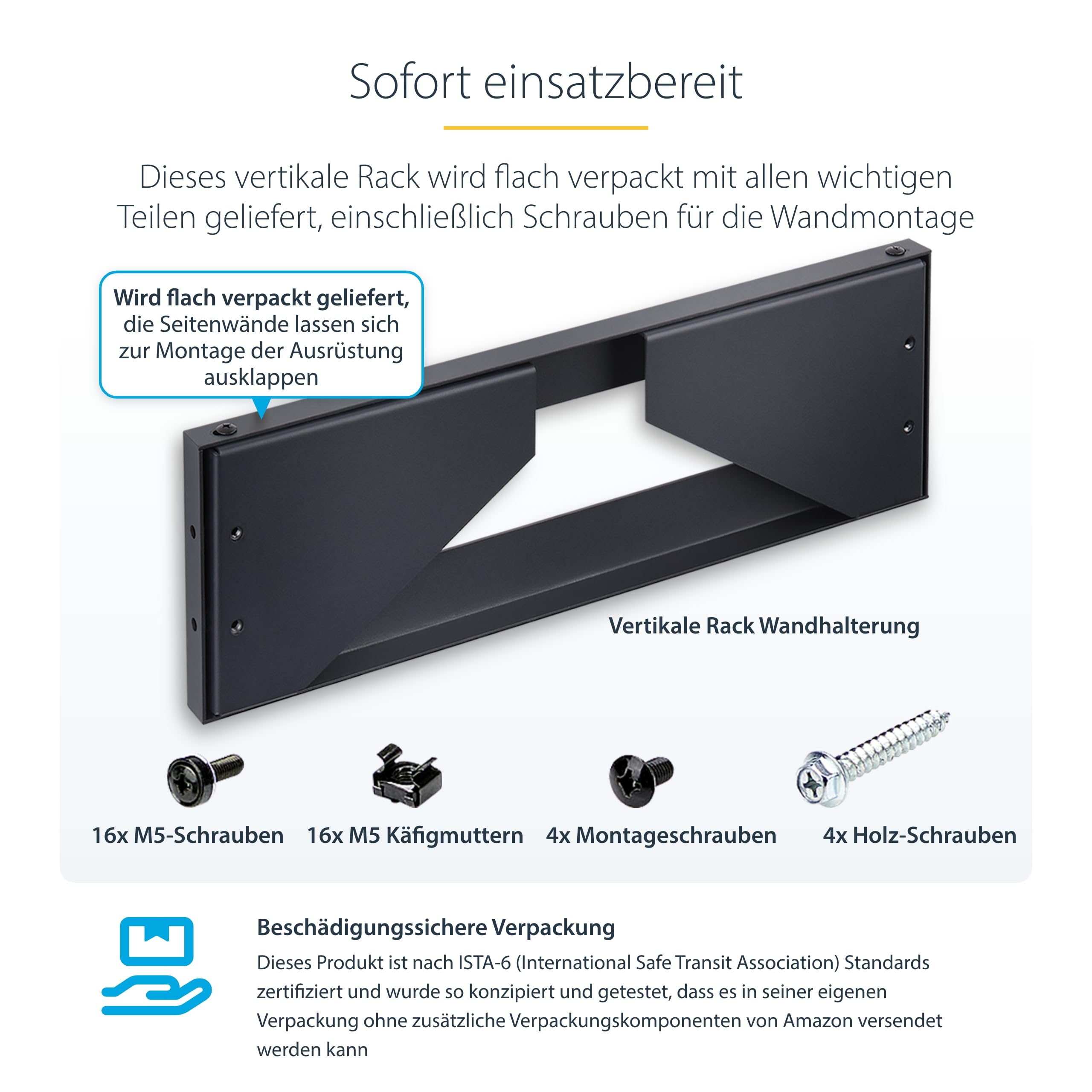 StarTech 4HE Vertikale Wandhalterung, 19 Zoll, 55kg (RK419WALLV-N) | Rack-Geräte, Patchpanels, Server, NAS, Audio Video Equipment, EIA-310, Stahl, Universal
