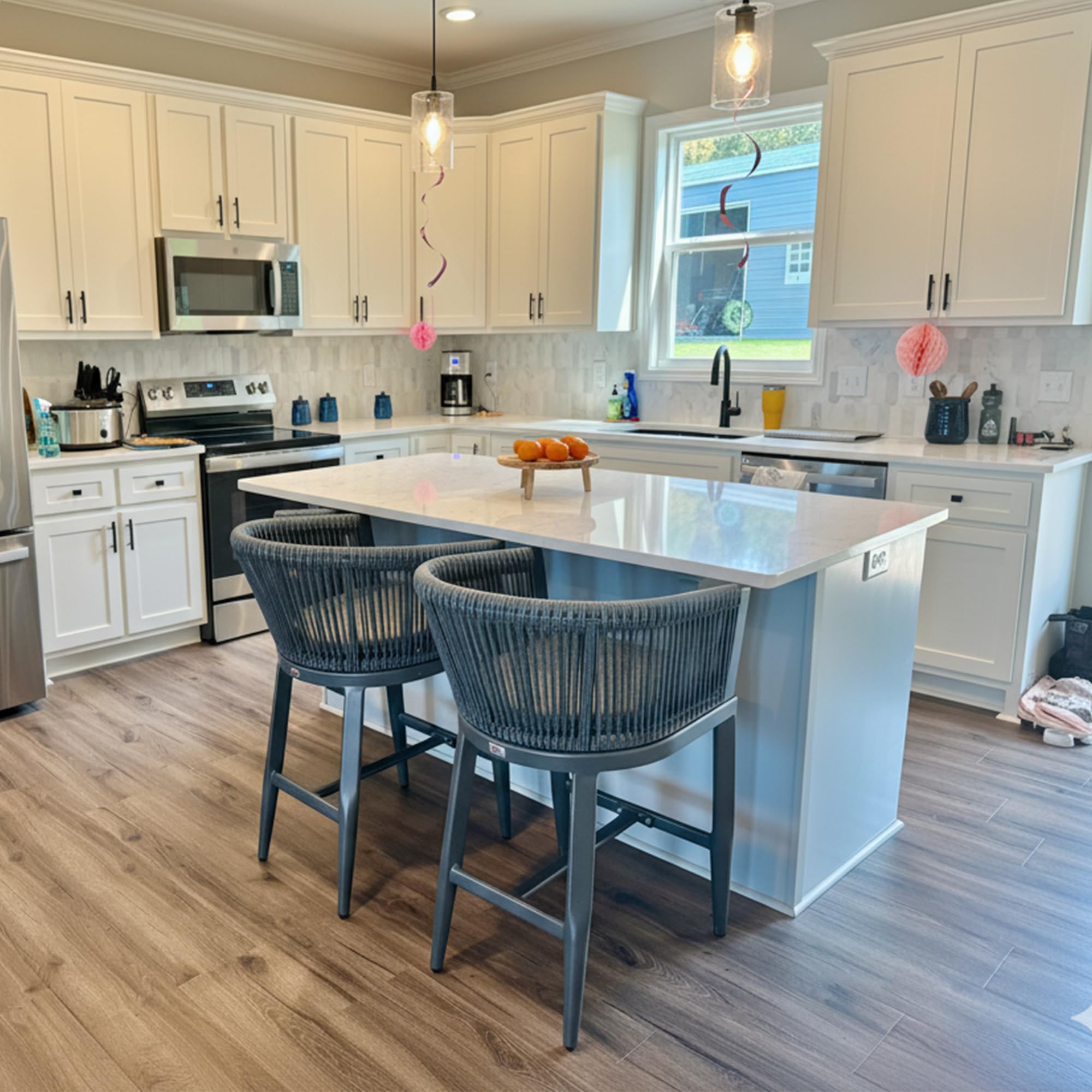 PURPLE LEAF Counter Height Bar Stools Set of 4 Rattan Bar Stools with Cushions Outdoor Bar Chairs for Outdoor or Indoor Kitchen Backyard Poolside