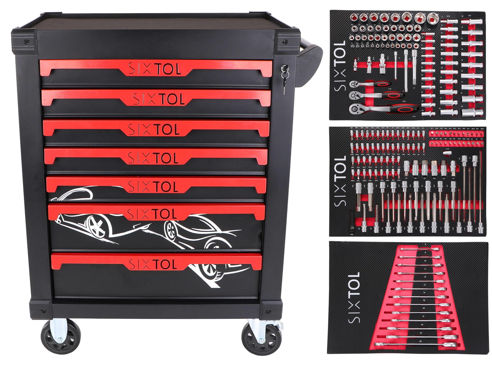 Trolley meccanico Kevin 195, carrello da officina, 7 cassetti, set di attrezzi da 195 pezzi