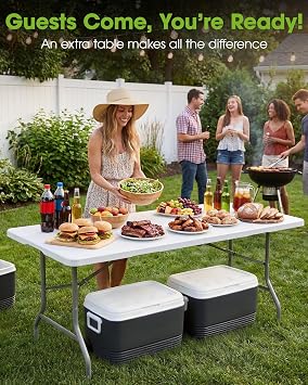 Pureegg 6FT Folding Table - No Assembly Required, Versatile Dining Table with Carrying Handle & Tabletop Safety Lock, Portable Foldable Table for Party, Craft, Camping, Picnic, White