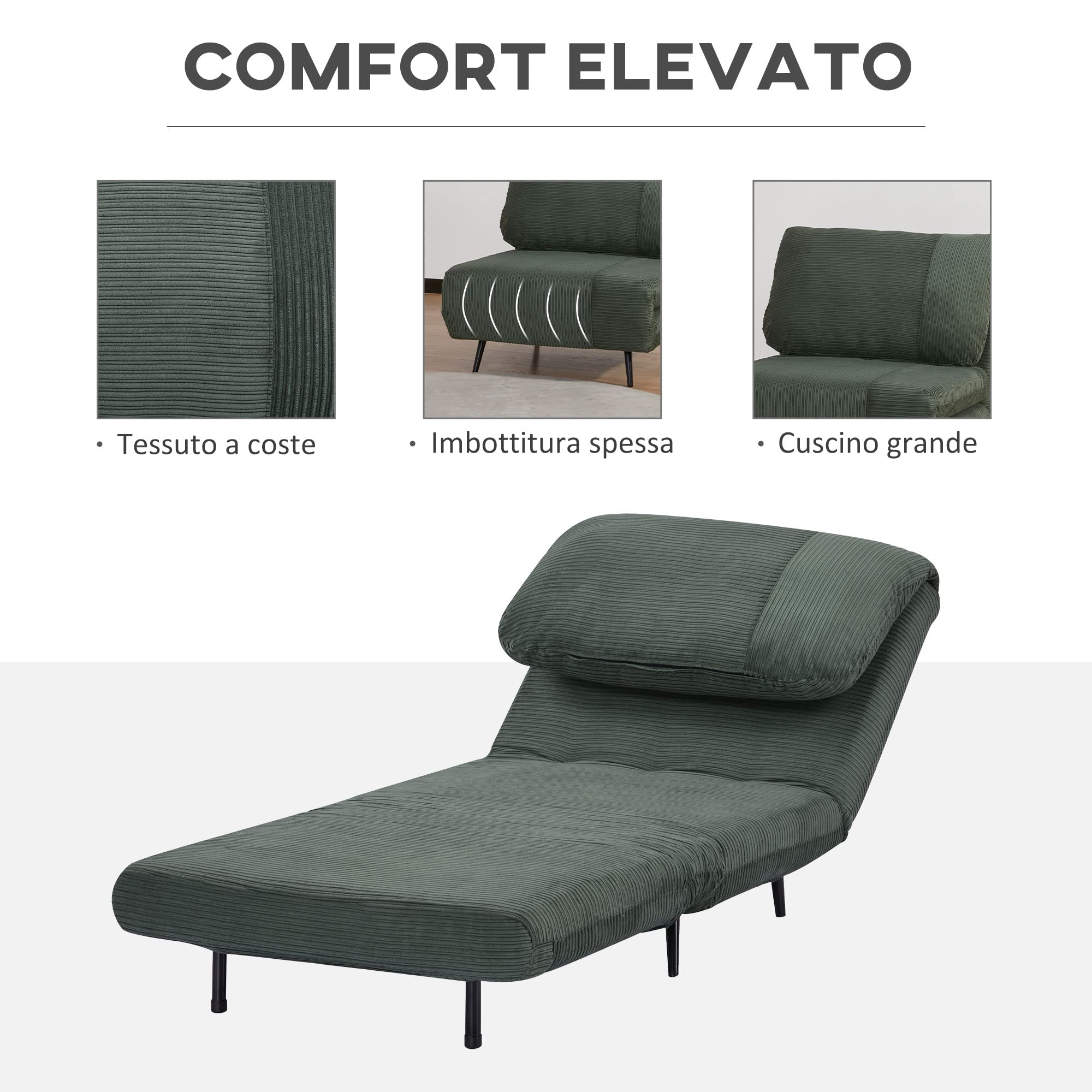 HOMCOM Poltrona Letto 2 in 1 Singola Regolabile su 3 Livelli con Seduta Extra-Large e Imbottita in Gommapiuma, Struttura in Legno, Acciaio ed Effetto Velluto Verde