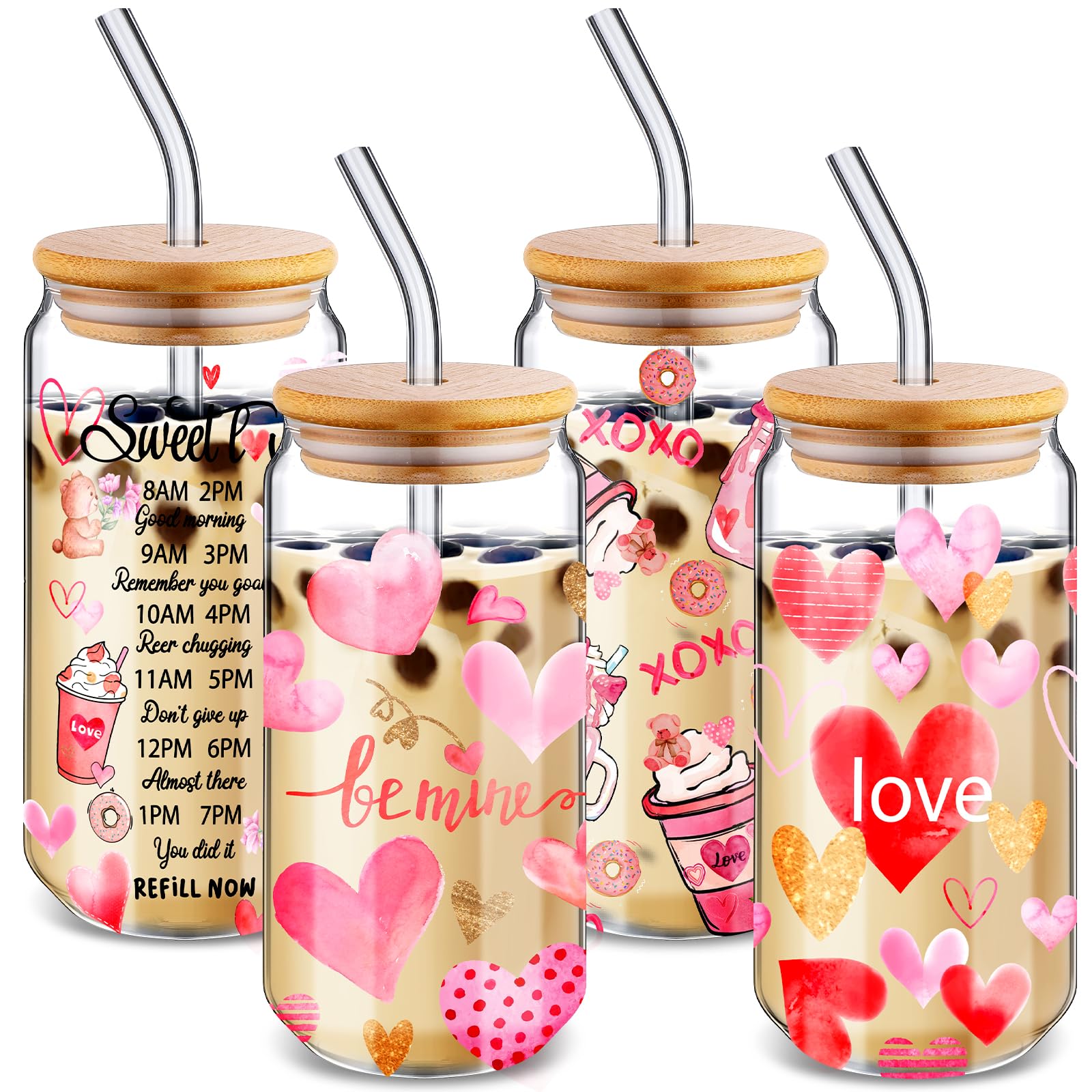 Sliner 4 Pcs 18 oz Valentine's Day Glass Cups Iced Coffee Mason Jar Heart Can Valentine Mug with Lid and Straw Valentine's Day Tumbler Drinkware Water Bottles Home Decorations(Heart, 4 Pcs)
