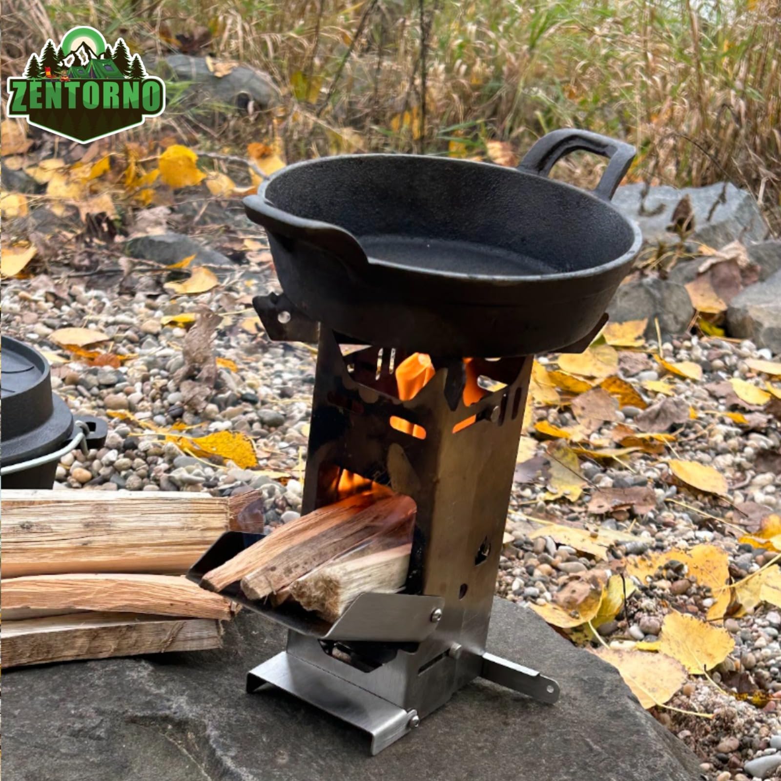 Zentorno® Rocket Stove 2023 - Estufa de leña para exteriores de acero inoxidable (inoxidable, para sartenes y ollas de hasta 17,5 cm de diámetro)
