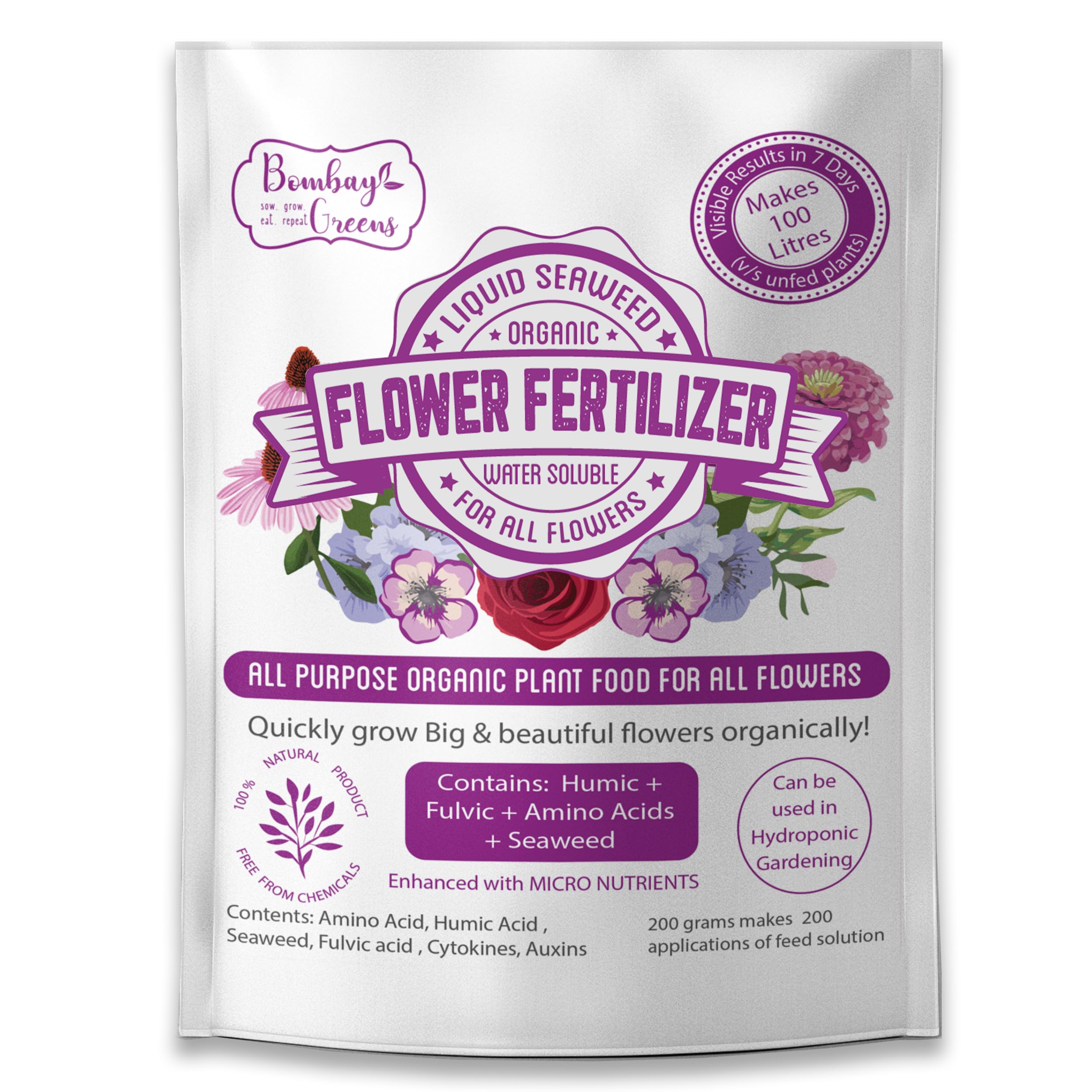 Bombay Greens ; Sow, grow, eat, repeat Organic Seaweed Liquid For Plant | Flower Feed | Growth Booster For Alll Flowers | Plant Food For Flowering Plants | Makes 100 Litres