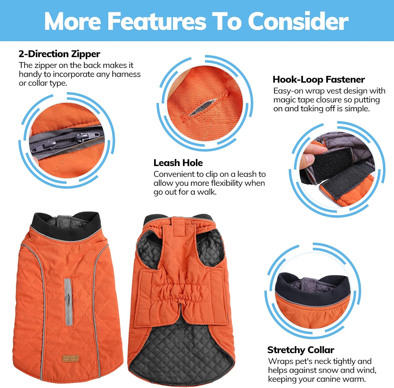 KOESON Windproof Dog Cold Weather Coat, Reflective Pet Winter Thick Warm Outdoor Jacket with Harness Hole, Comfy Cotton Apparel Padded Vest for Small Medium Large Dogs Orange 2XL : Pet Supplies