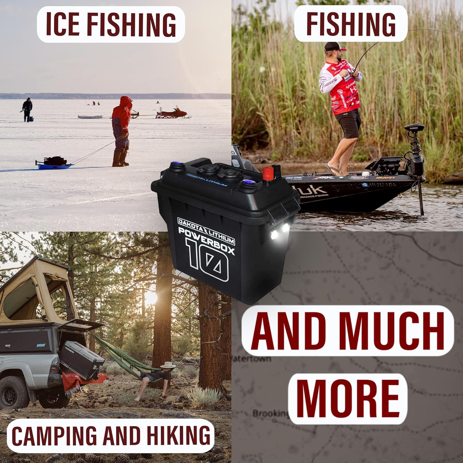 Collage of Dakota Lithium Power Box 10 being used for ice fishing, general fishing, camping, and hiking