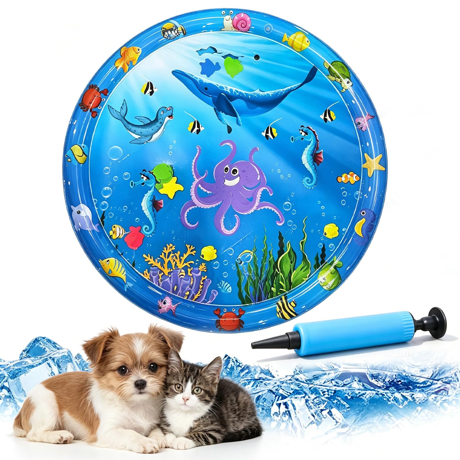 Pet Water Sensory Mat, 37.4" Large Cat Water Mat with Floating Fish, Interactive Cooling Mat for Cats & Dogs, Thickened Leak-Resistant Water Play Mat, Indoor Outdoor Pet Enrichment Toy (Round-7)