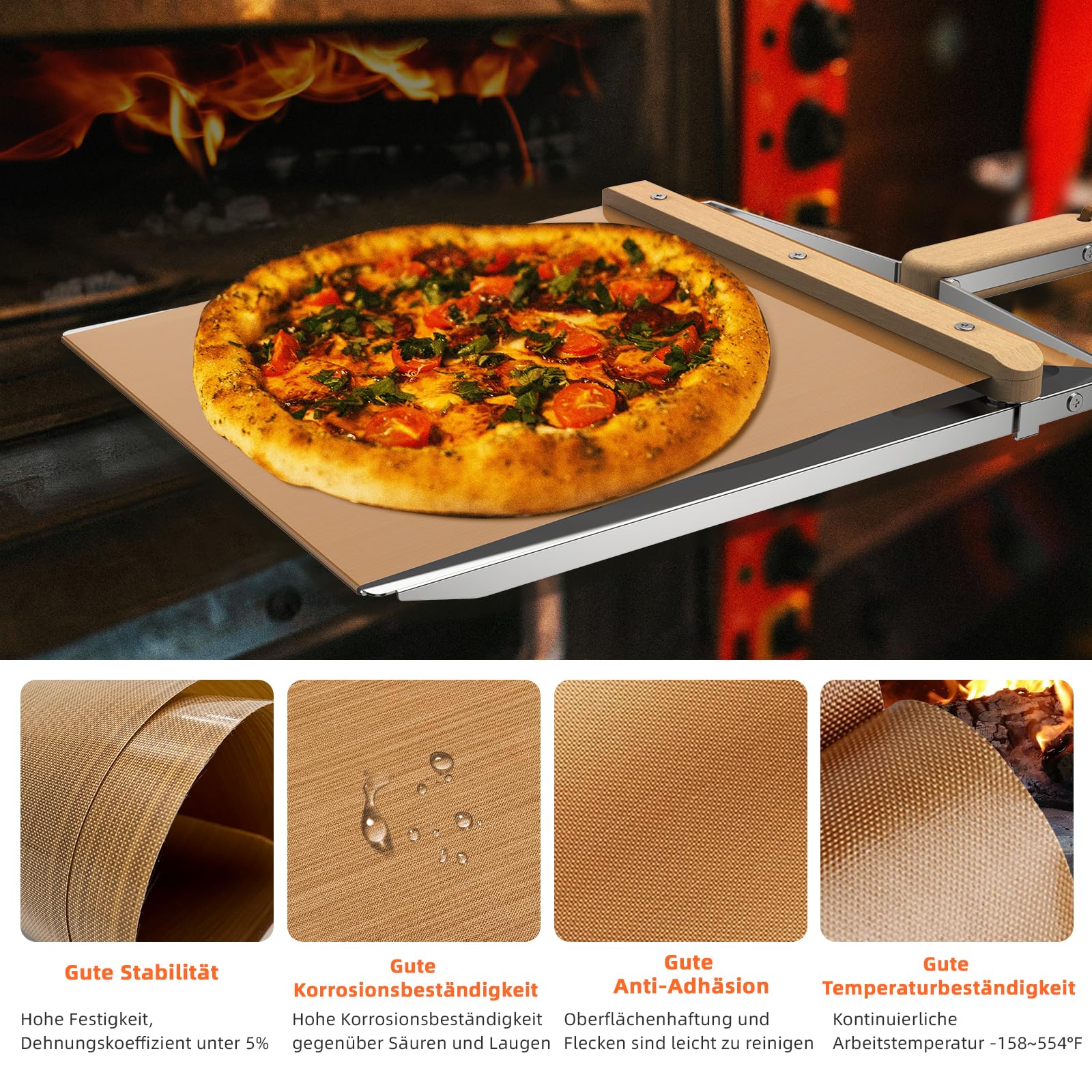 Rutschender Pizzaschieber aus Edelstahl und Holz, Antihaftbeschichteter Pizza Slider mit Massivholzgriff, 14,37" x 11,22" Pizzaschaufel, Pizzaschieber Set mit Zusätzlichen Schrauben und Ersatz-Teflon-