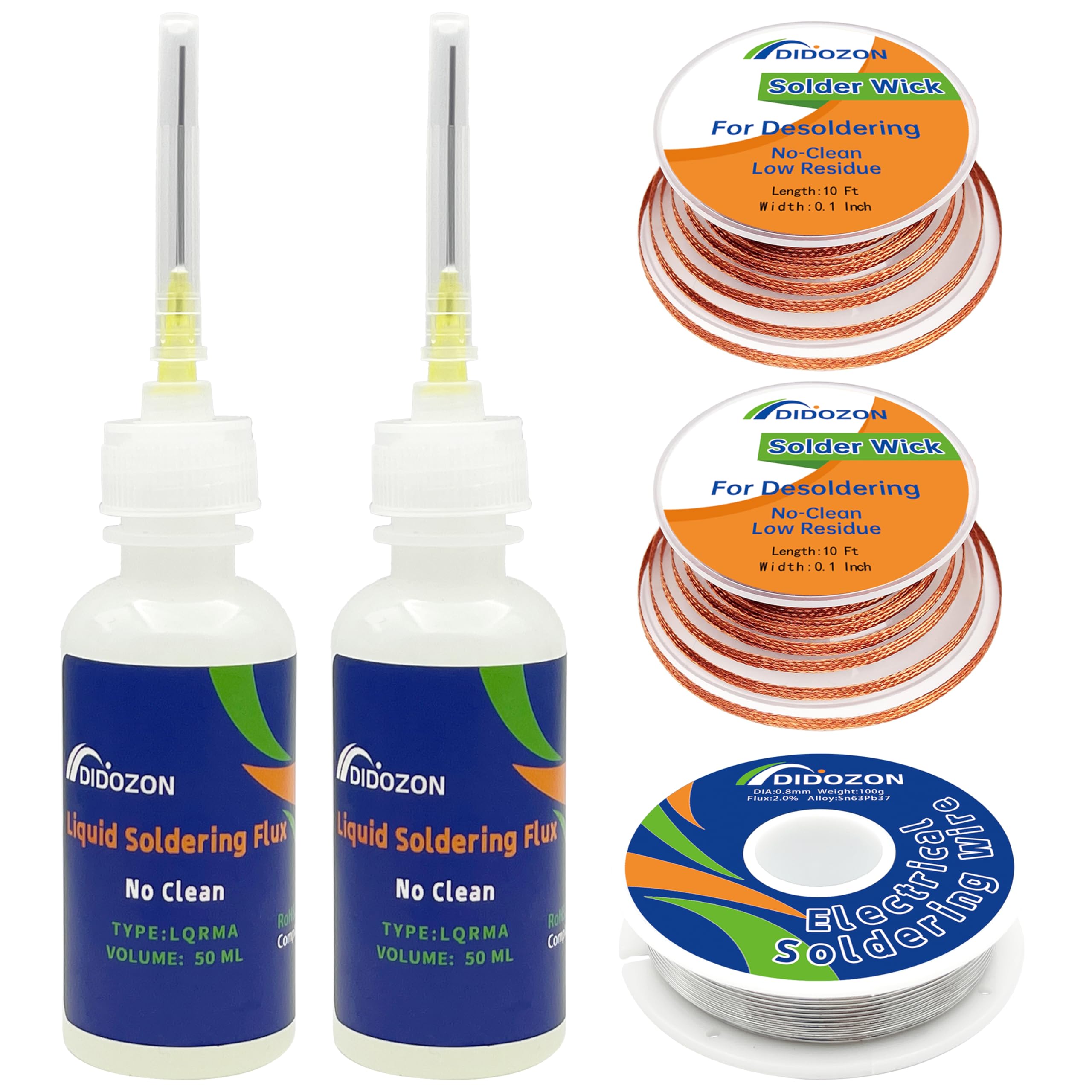 No Clean Liquid Soldering Flux for Electronics Soldering (50MLx2) & Desoldering Wick