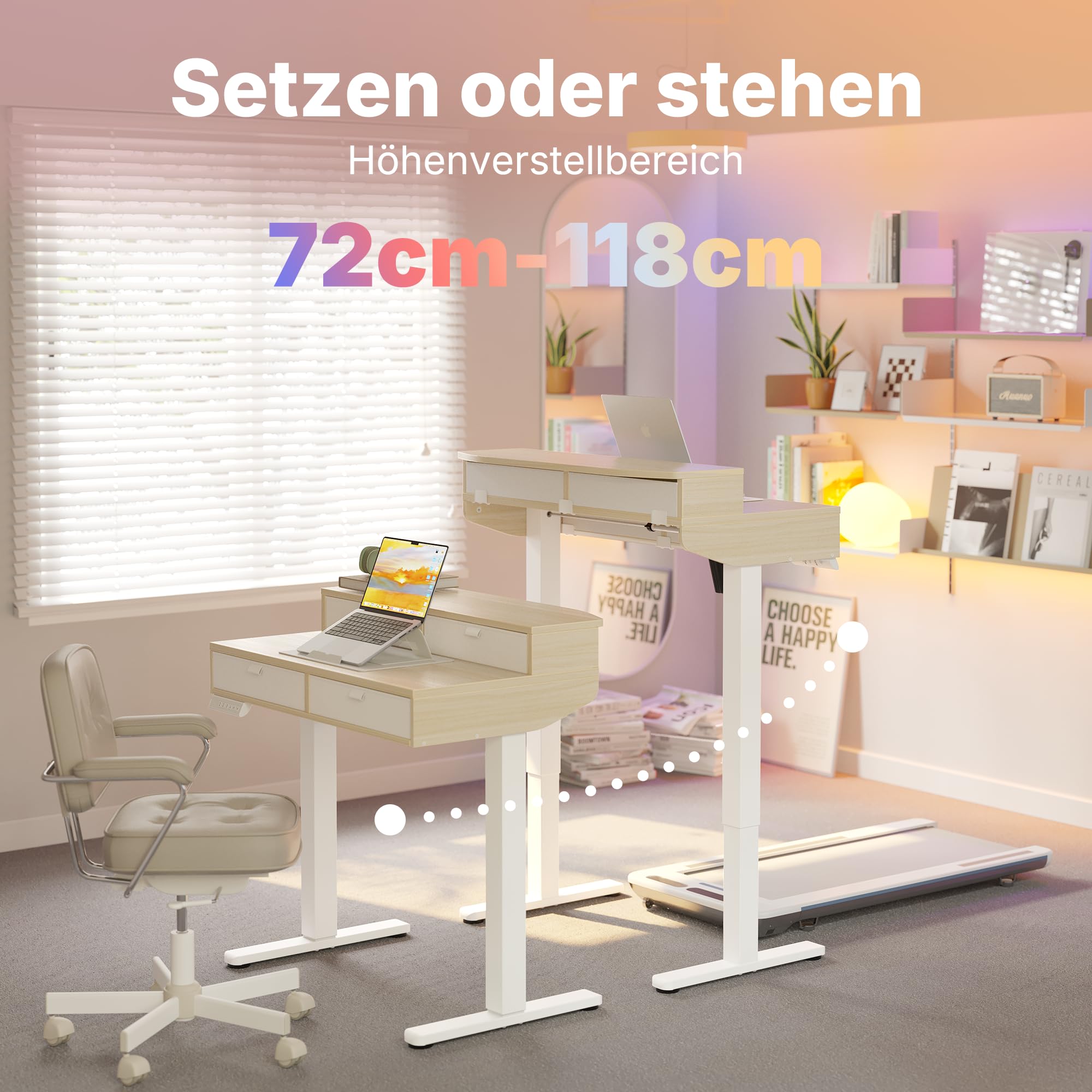 HUANUO 80 x 53 cm Höhenverstellbarer Schreibtisch mit Schubladen | kompatible C-Klemme-Halterung, 4 Gedächtnis-Höheneintellungen