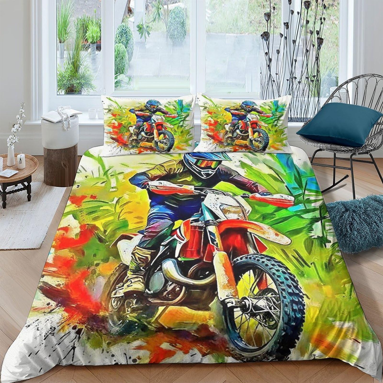 Housse de couette Off-Road parure de lit 3D moto cross 200x200 cm avec taies