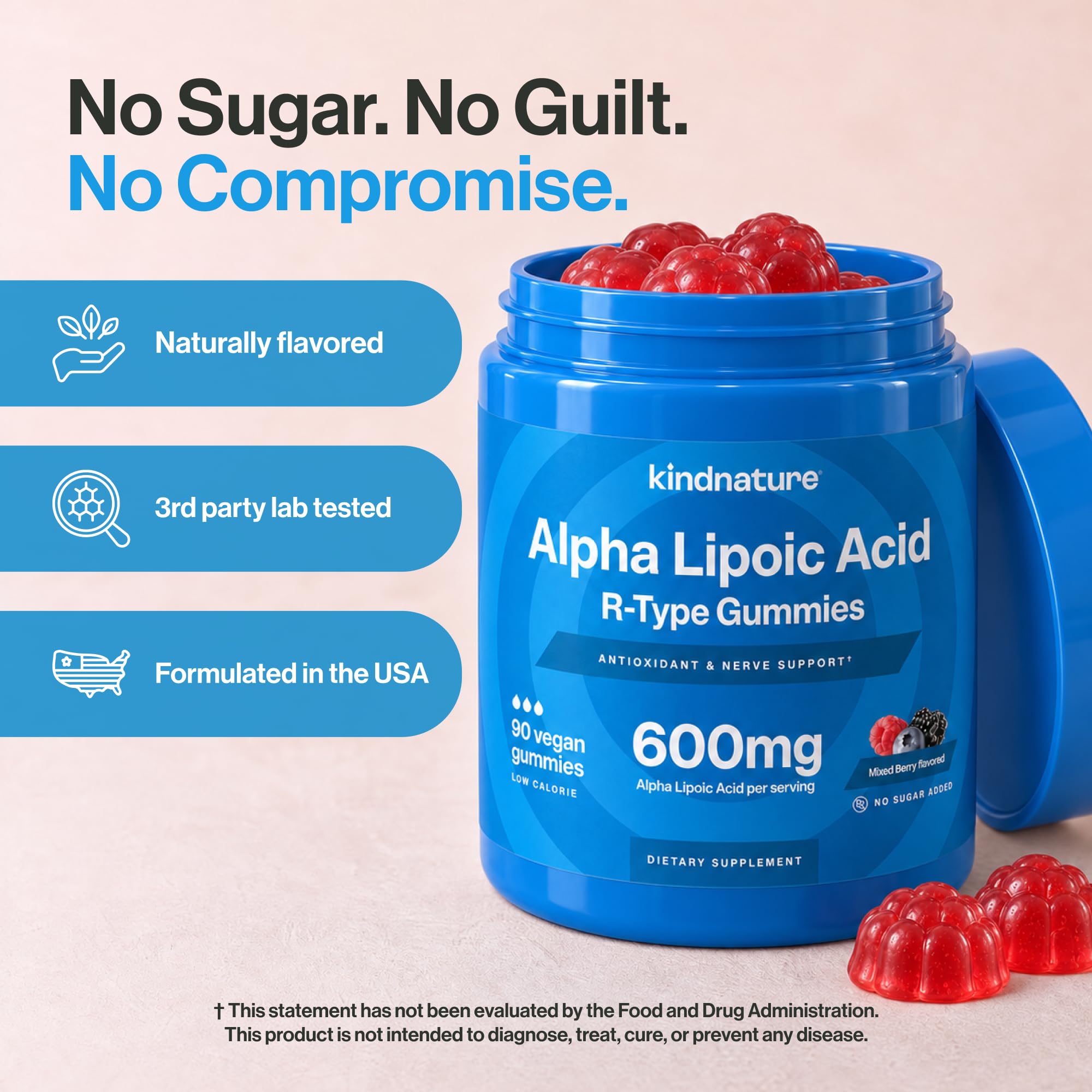 kindnature Alpha Lipoic Acid Gummies 600mg – Neuropathy Supplements – ALA for Nerve Comfort & Antioxidant Support – Sugar-Free, Vegan – 90 Gummies — Amazon image 8