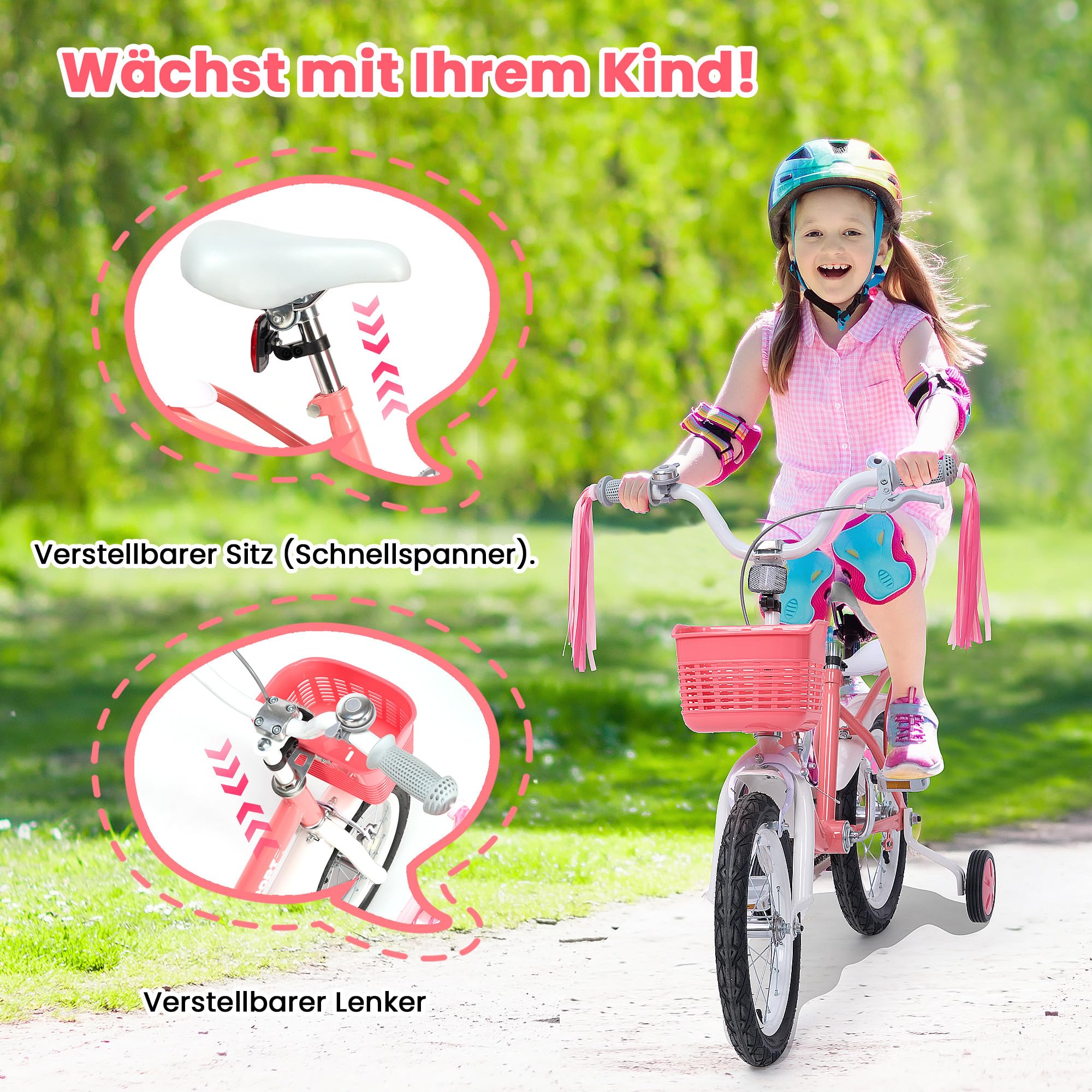 BODIOO Kinderfahrrad 12/14 Zoll Fahrrad für Mädchenmit und Jungen Stützrädern & verstellbarem Sattelfür Spielrad mit Korb & Klingel Fahrer von 94 bis 107 cm-Rosa