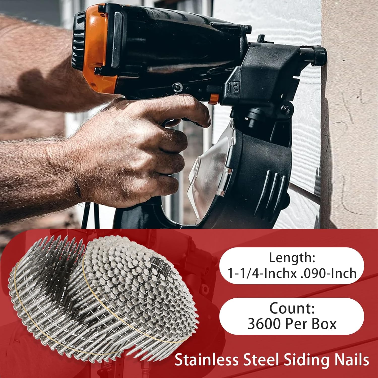 findmall 3600 Count 1-1/4-Inch x .090-Inch Ring Shank 304 Stainless Steel Siding Nails 15-Degree Collated Wire Coil
