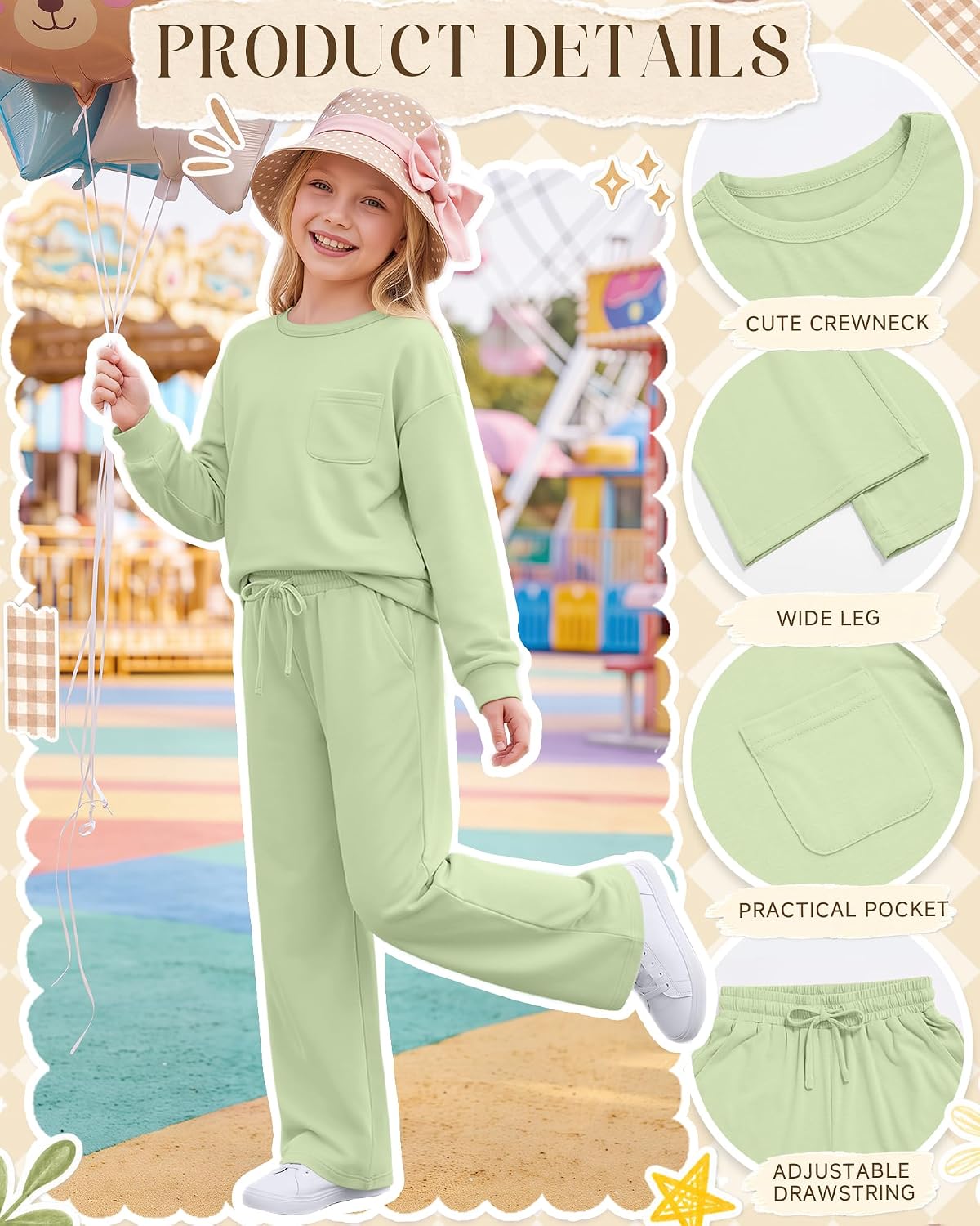2 Piece Girls Outfits Back To School,Light Green,7-8 Years