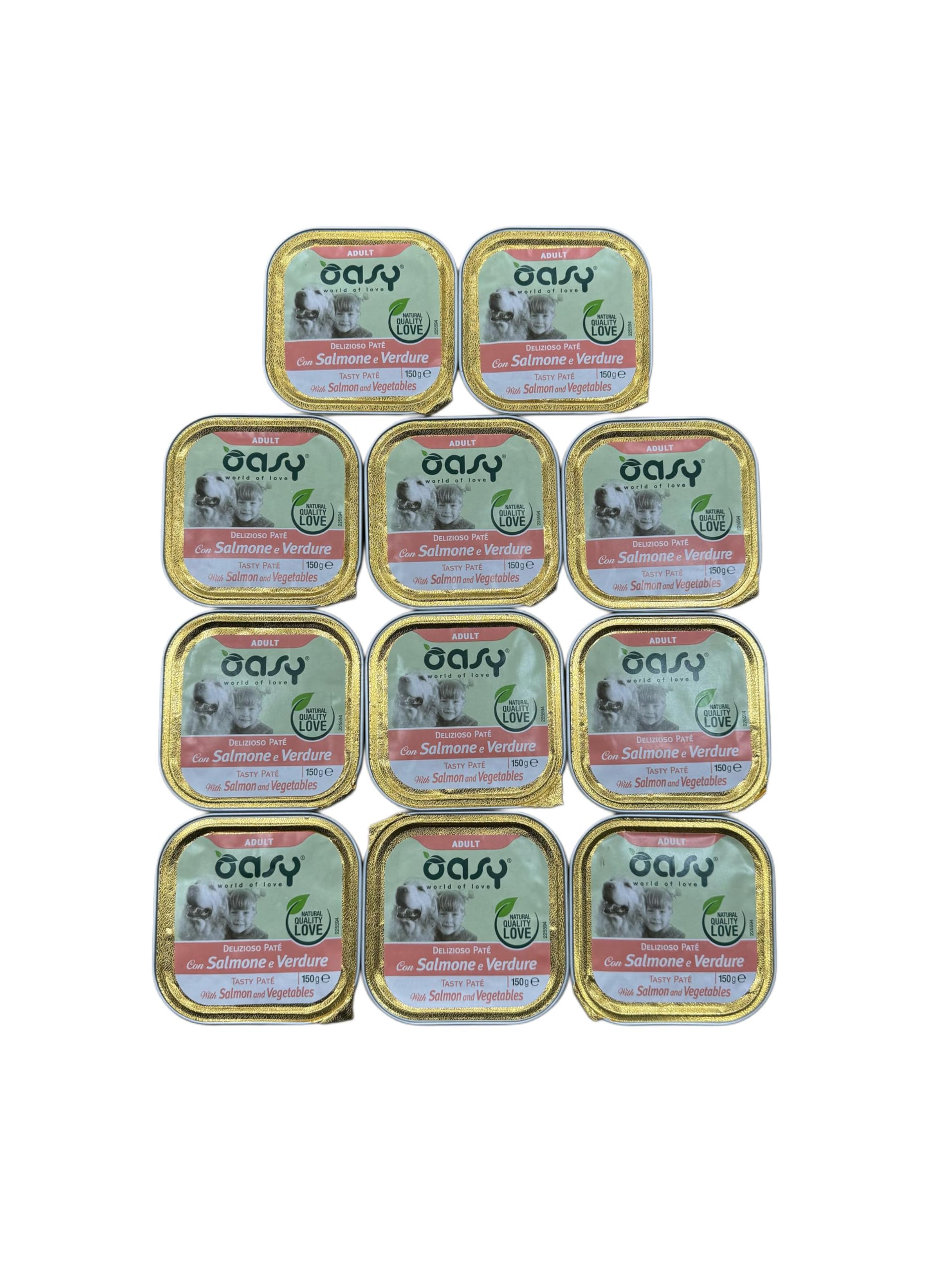 Oasy delizioso patè per cani adulti di tutte le taglie, gusto SALMONE e VERDURE | 11 vaschette da 150 grammi l'una.