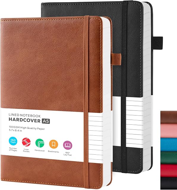 2 Pack Journal Notebook, couverture rigide A5 Journal des Journaux pour les Femmes/Hommes, Cahiers en cuir pour fournitures scolaires, 100GSM Papier doublé, sans saignement, poche intérieure, noir brun