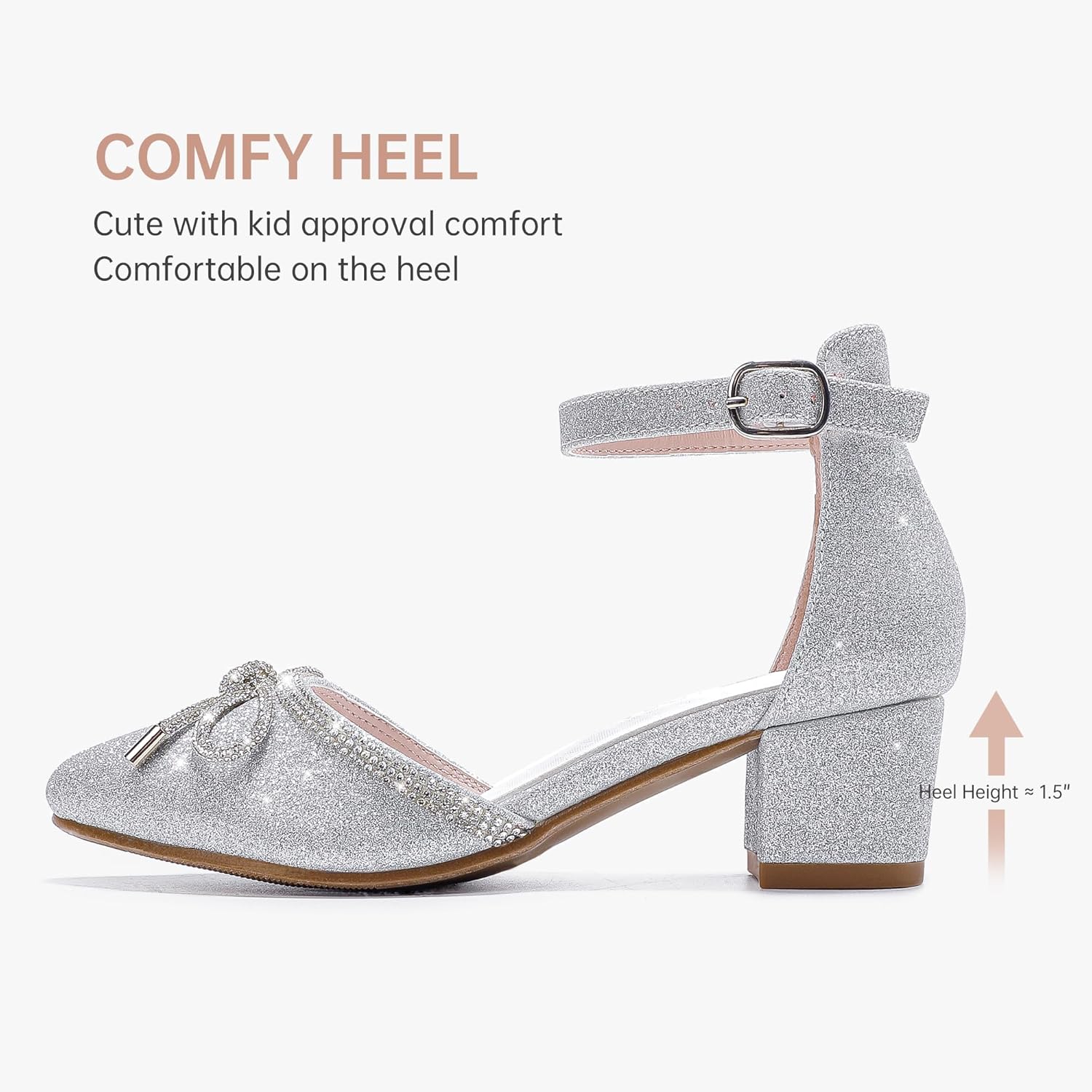 LAURMOSA Girls Sandals Closed Toe High Heels Pointed Toe Ankle Strap Pumps Flower Girl Dressy Shoes in Wedding Party Cute Bowknot Chunky Block Heeled for Little Big Kids
